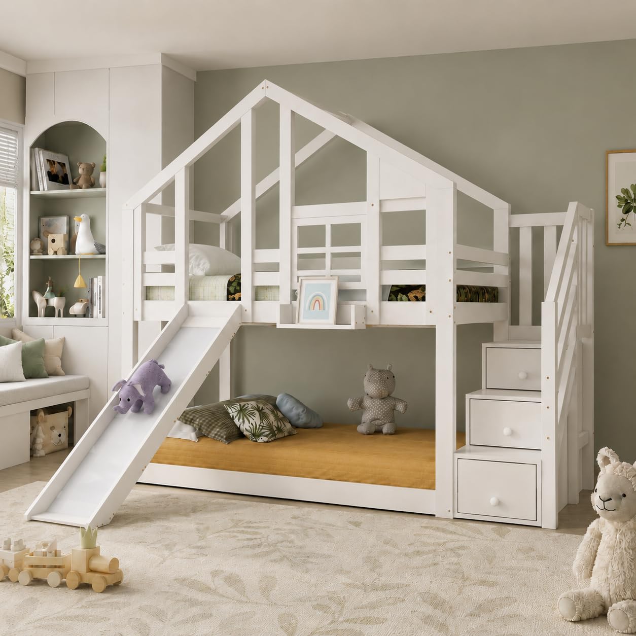 Merax Etagenbett für 2 Kinder 90x200cm, Hochbett Hausbett mit Rutsche & Stauraumtreppe & Fenstern, Kinderbett mit Rausfallschutz & 2 Lattenrost, Stockbett Holzbett Jugendbett für Kinderzimmer, Weiß