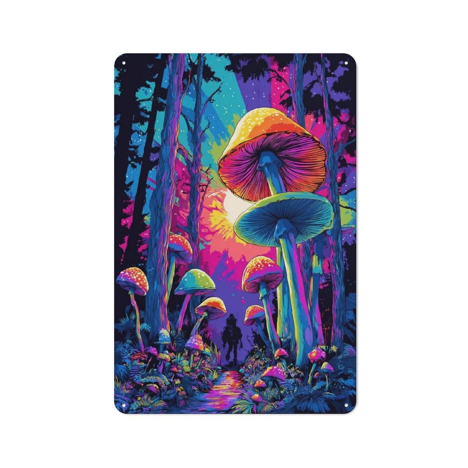 Junmoney Neon Forest Mushrooms Retro Vintage Metal Sign 30X20cm, Small Space Decor For Hallway, Home Bar, Garage Or Study