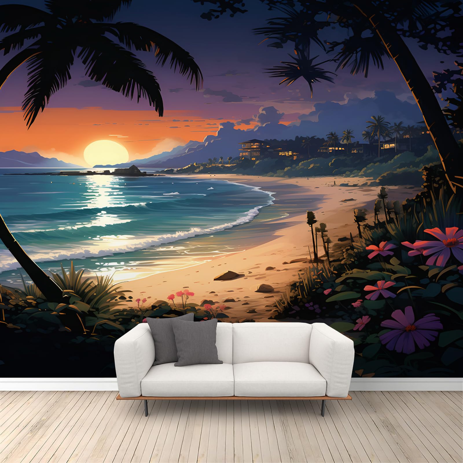 Qdjkbl Women's Beach Sunset Wall Murals 3D Natural Seascape Mural Coconut Tree Mural Natural Scenery Wallpaper For Living Room Bedroom Bathroom 300 X 210 Cm