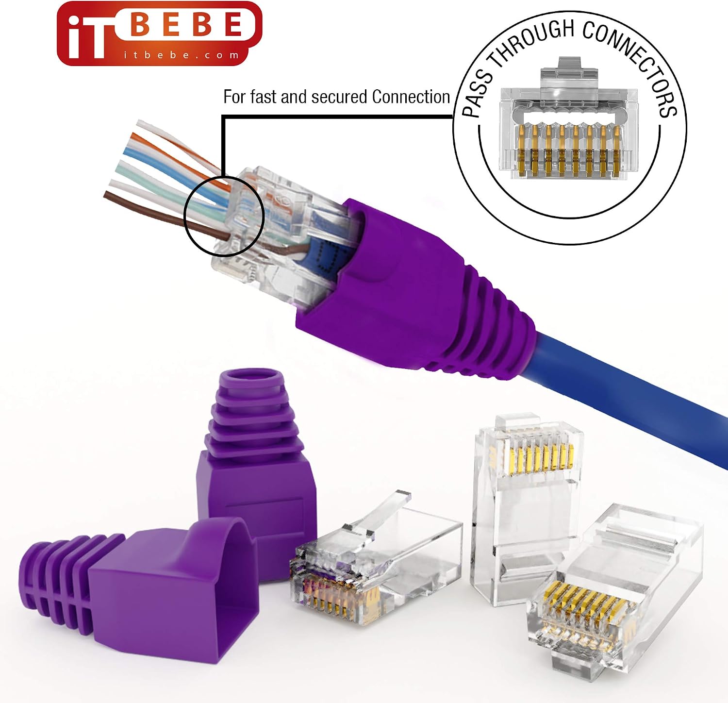 ITBEBE 60/60 RJ45 Cat6 Pass Through Connectors for 24 AWG Cables - 60 Cat6 Passthrough Connector Ends and 60 RJ45 Connectors Purple Strain Relief Boots for Clean, snag-Free Ethernet Patch Cord