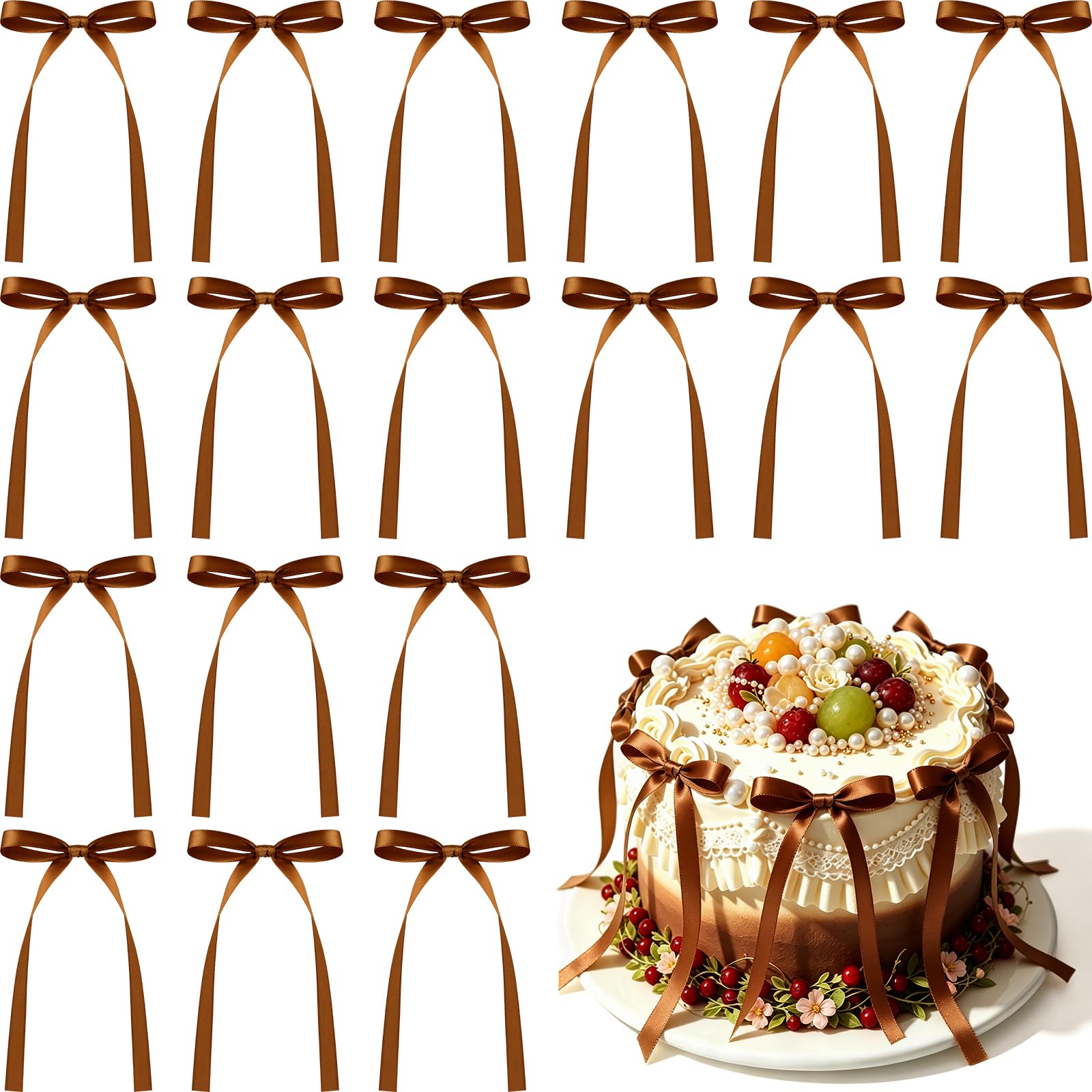 NEBURORA 50 Pcs Brown Bows for Cake Decoration Party Ribbon Bowknots
