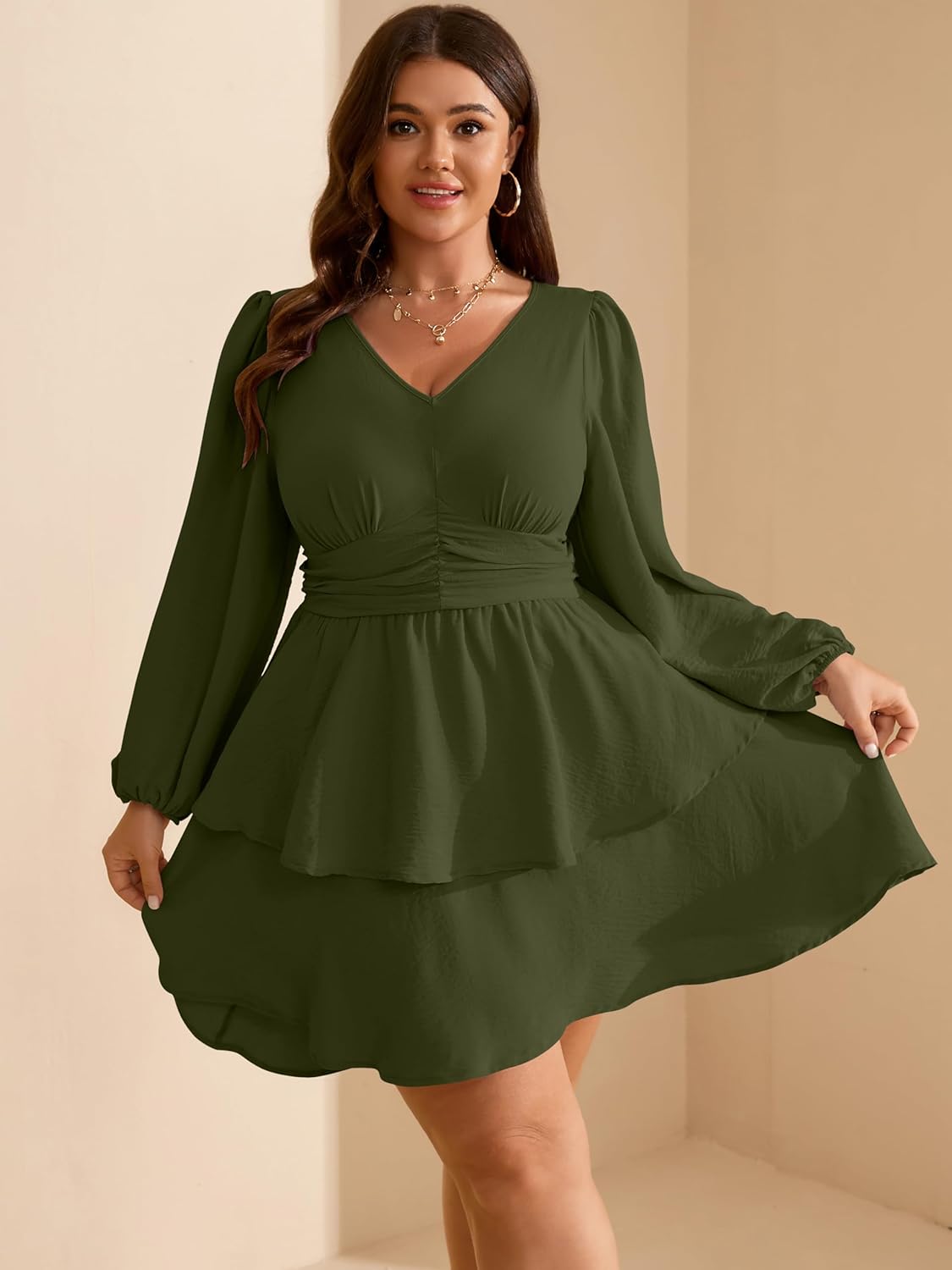 RWJ Plus Size Dresses for Curvy Women V Neck Long Sleeve Elastic Waist Fall Wedding Guest Layer Casual Mini Dress - Image 3