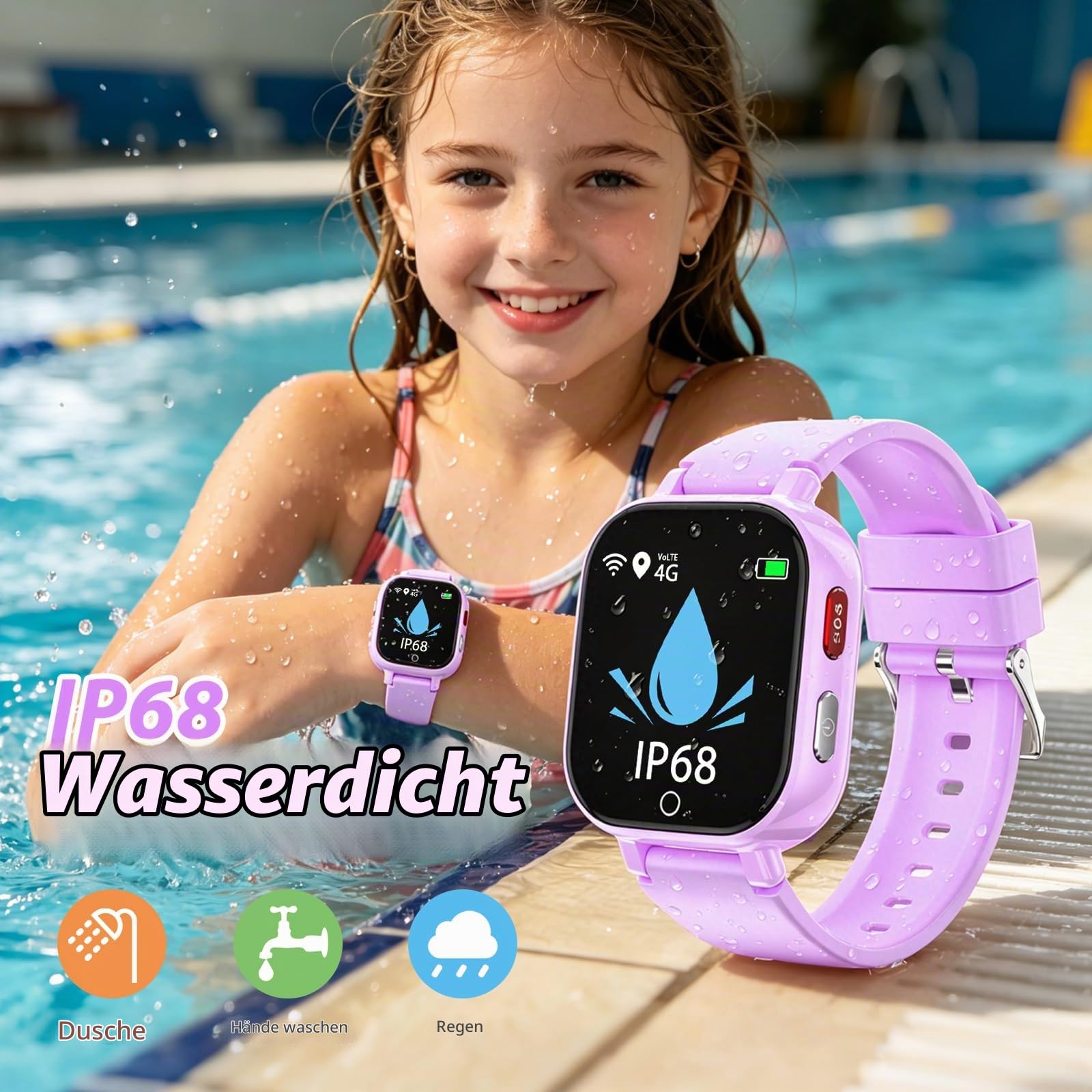Smartwatch Kinder GPS, Kinderuhr mit Telefon SOS IP68 Wasserdicht Violett