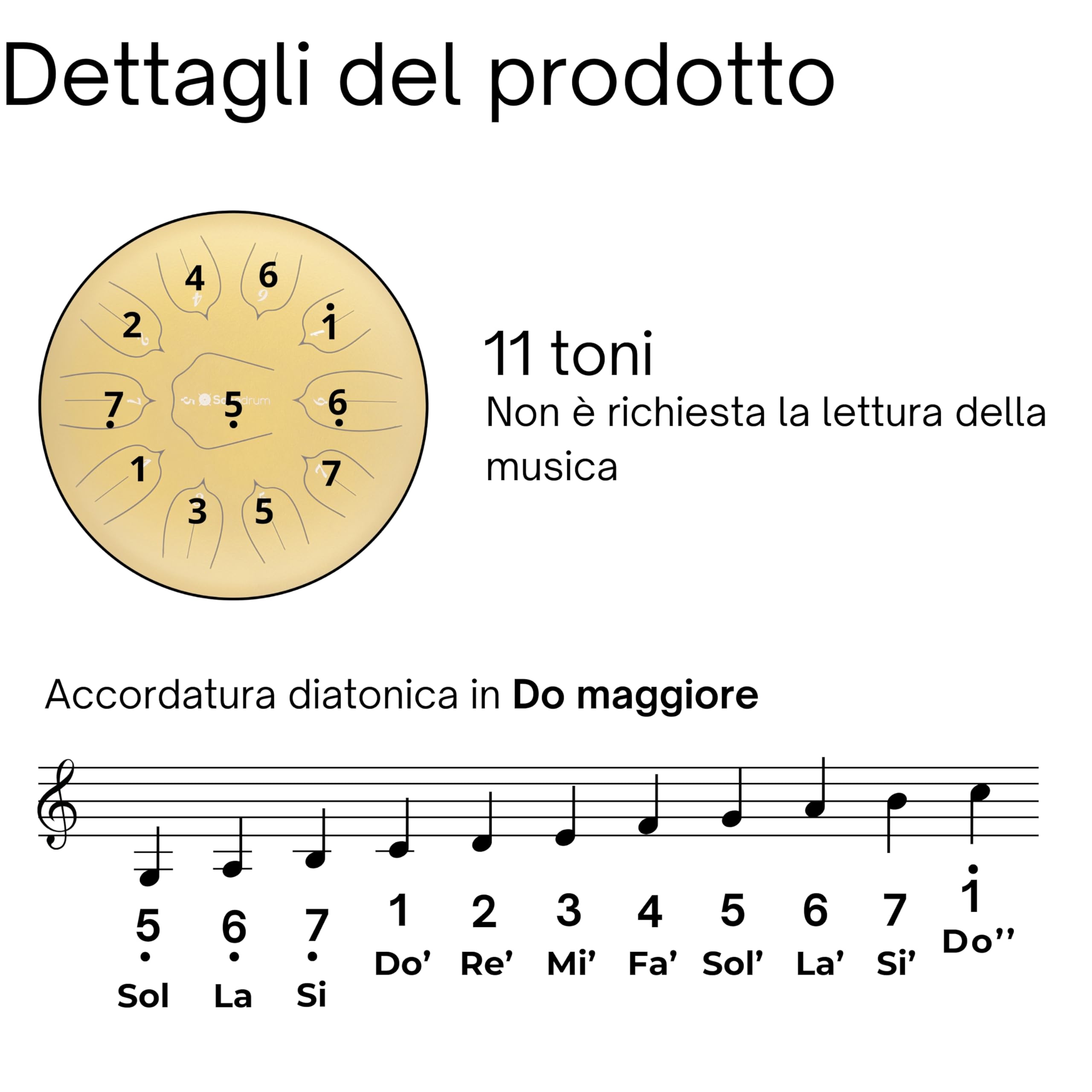 tamburo a lingua d'acciaio 'Standard' in Do Maggiore, oro - 30 cm con 11 note - steel tongue drum con canzoniere, mazzuoli, fingersticks e borsa da trasporto. Senza leggere le note.