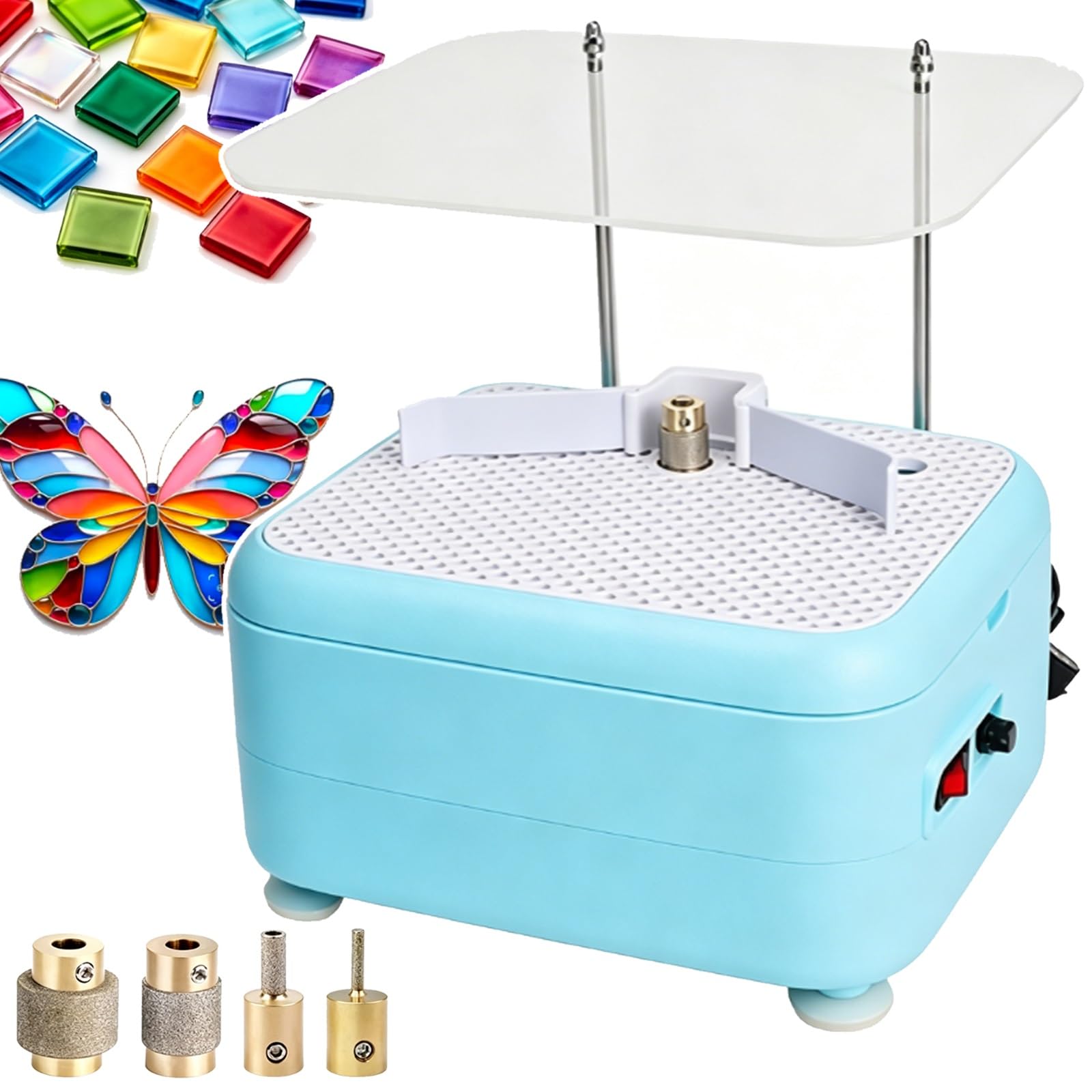 YXYLJOZ Portable Mini Glass Grinder, Electric Stained Glass Tool, with Acrylic Baffle, 4 Diamond Bits and Automatic Water Feed, for Stained Glass, Ceramics and Other Materials