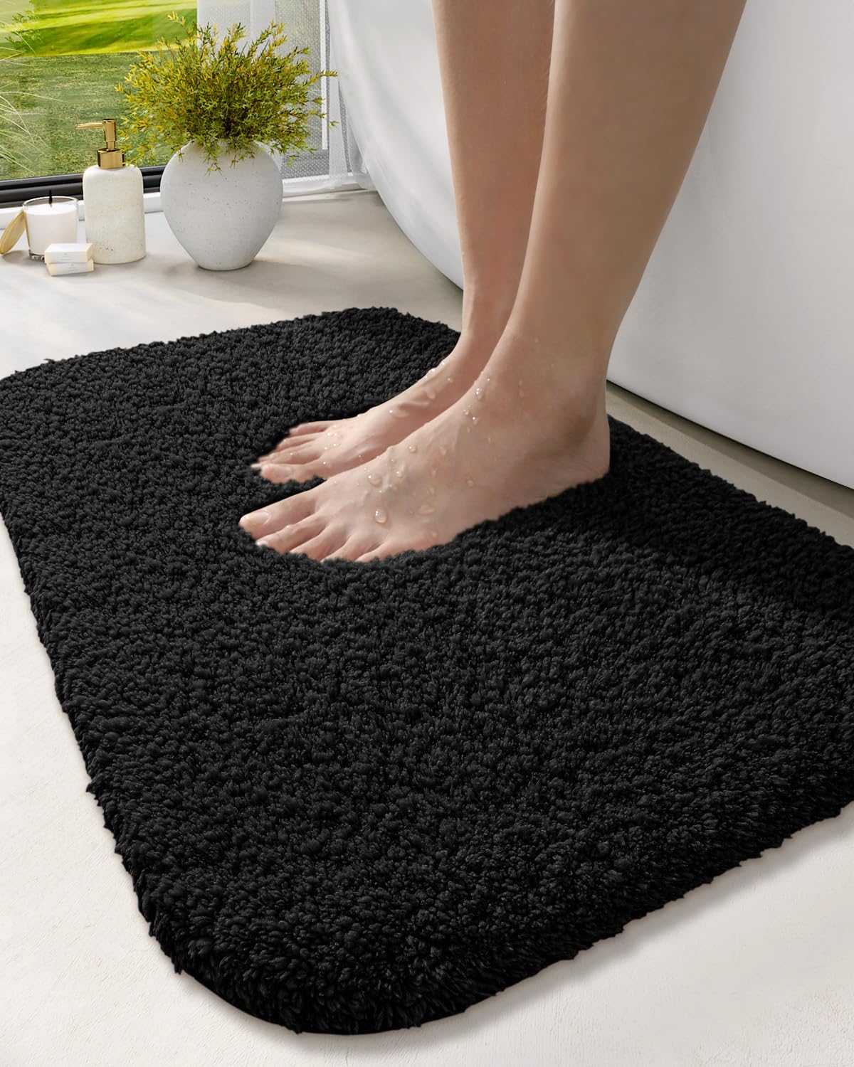 DEXI Bathroom Rug Mat 24x16, Extra Soft and Absorbent Bath Rugs, Washable Non-Slip Thick Carpet Mat for Shower Floor, Tub, Black