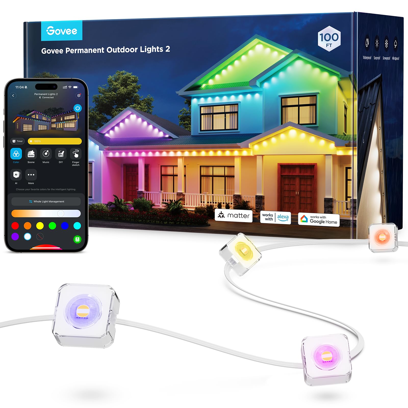 Govee Permanent Outdoor Lights 2, 30m RGBIC mit 72 LED Lichtern 40lm, IP67 | IP67 lichterkette, 100 Szenen Modi für Decor, Arbeit mit Alexa, Google Assistant & Matter, Weiße Version, Backyard, Eaves