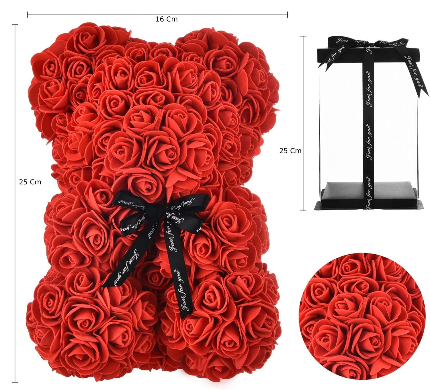 NLIGHTING Orsetto di Rose con Scatola Regalo, Palloncino e Biglietto – Rose Artificiali Morbide che Non Appassiscono, Idea Regalo per Lei, Matrimonio, Anniversario, Compleanno