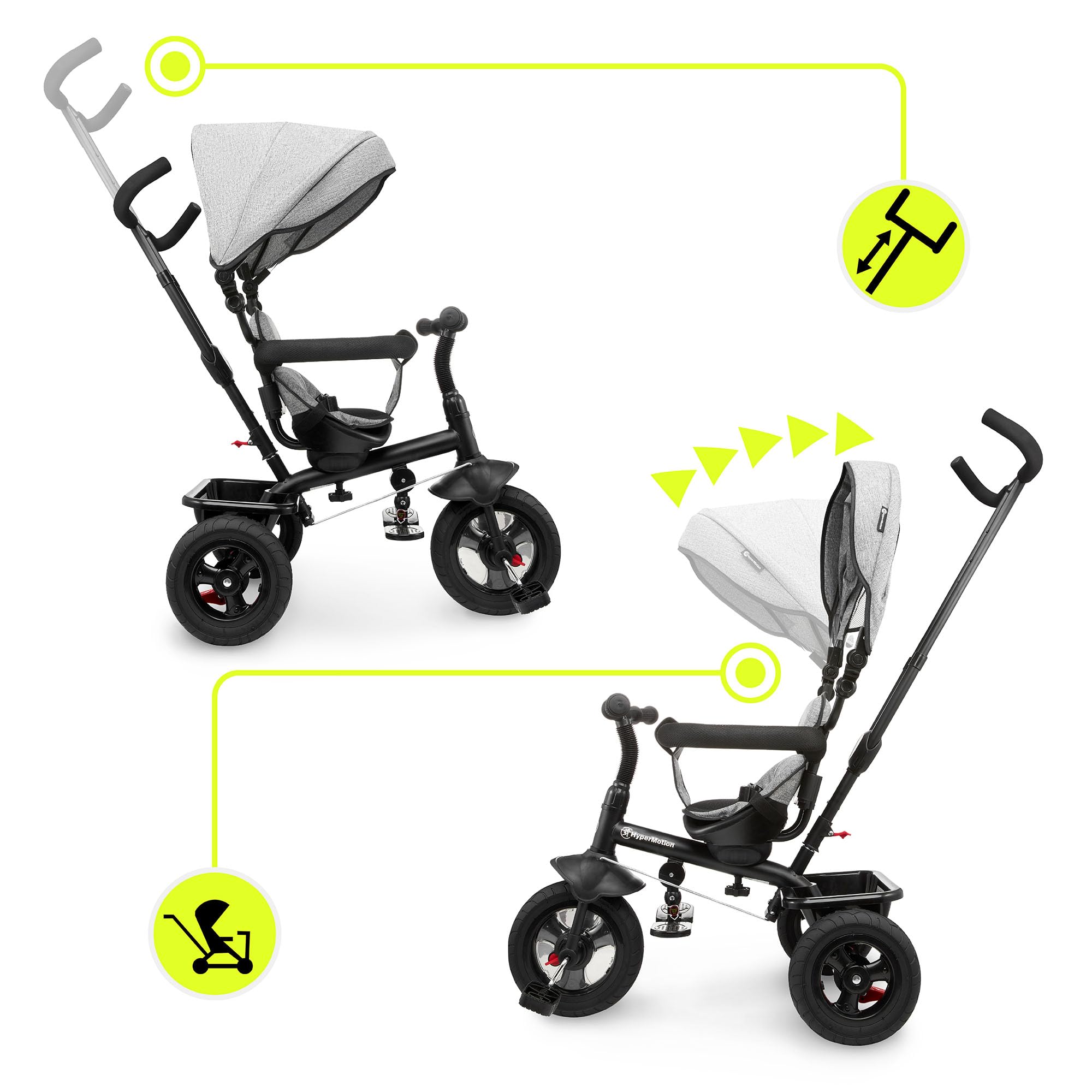 HyperMotion Triciclo Infantil con Manillar para Padres - Bici Bebé 1 Año Evolutiva hasta 20kg - Modelo Similar Kinderkraft con Barra de Empuje - Saltador Bebe Gris