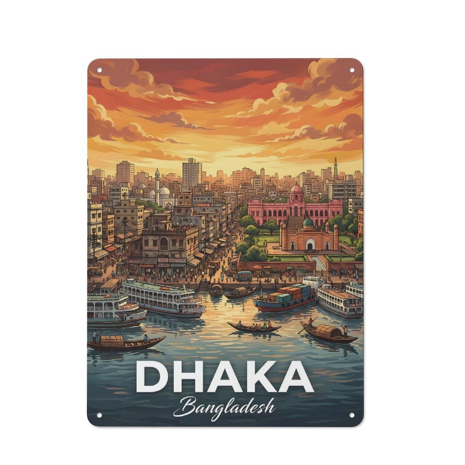 Junmoney Style-6 Tin Wall Plaque 40X30cm With Dhaka Bangladesh Cityscape With River For Café Or Restaurant, Housewarming Present For People Styling Café And Restaurant