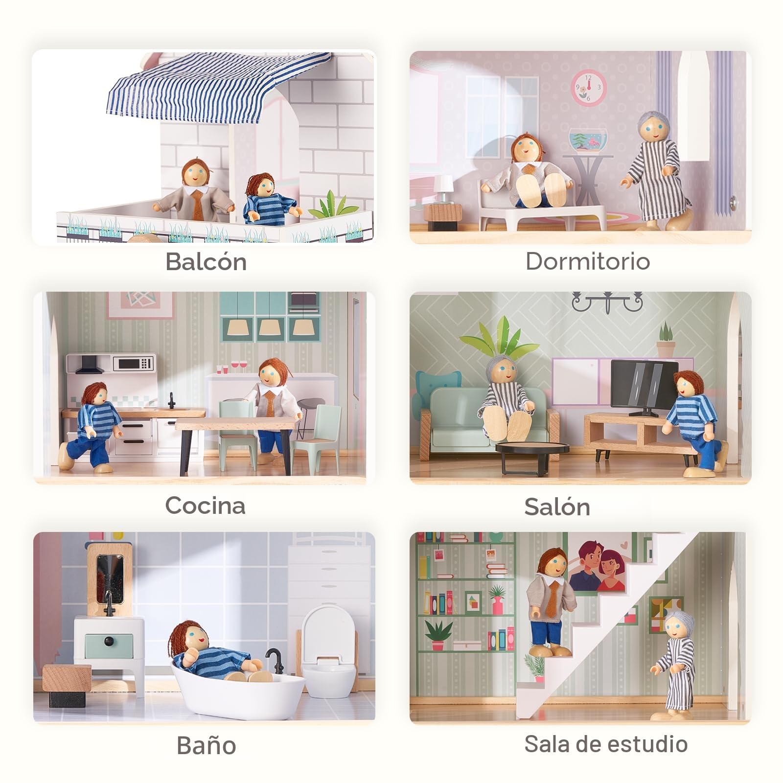Giant Bean Casa de Muñecas Madera, 80 cm Casa Muñecas Madera de Altura con Elevador, Timbre, Luz, 15 Muebles y 3 Muñecas, Regalo de Juguete para Niñas de 3 Años +