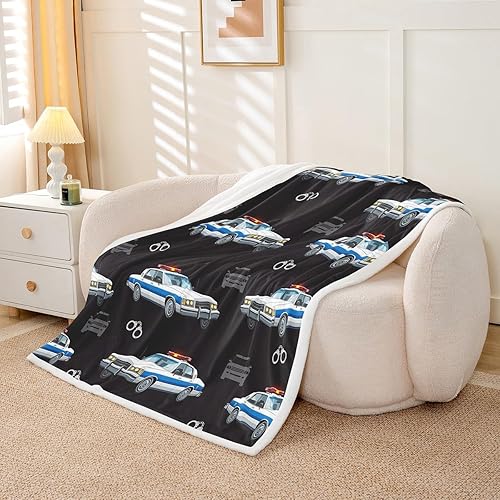 Miniatura 4 de Manta de franela de forro polar para coche de policía, diseño de caricaturas de policía, cama, sofá, sofá, sofá, 50 x 60 pulgadas, con luces de