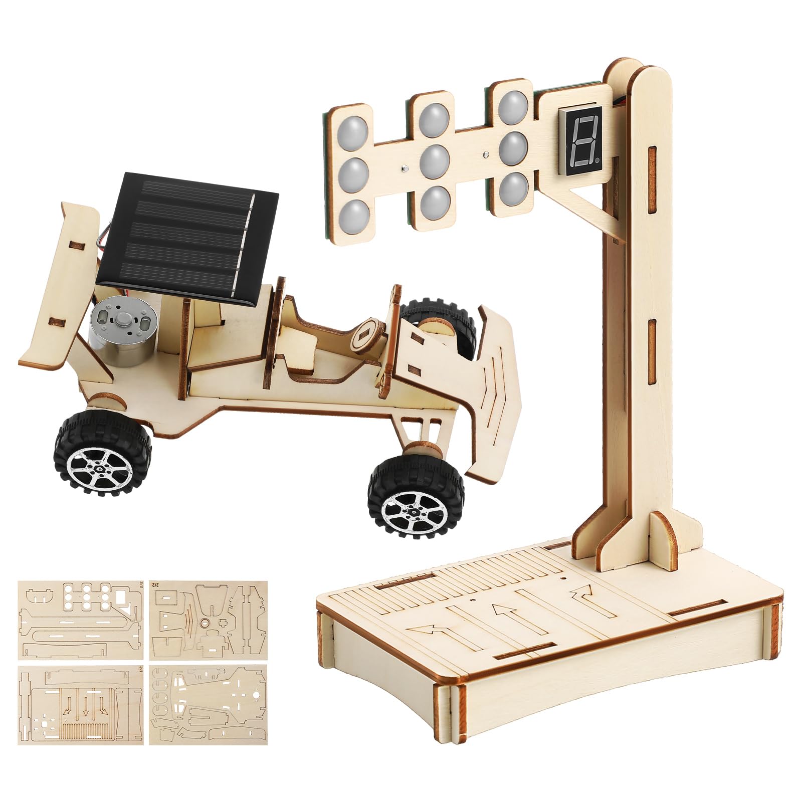 Electic Car STEM Science Toy Set: 3D Wooden Puzzle Solar Car Model and Traffic Light Science Project Educational Solar Power Experiment for Boys Girls