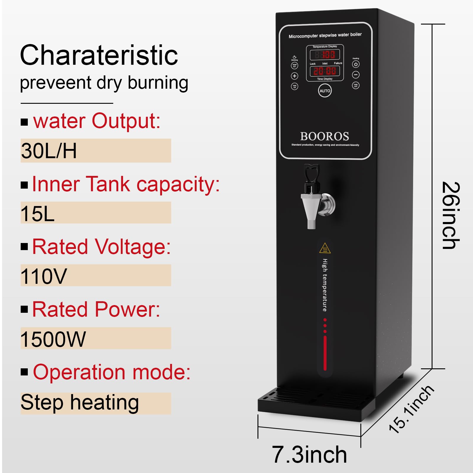BOOROS Commercial Hot Water Dispenser Black Hot Water Dispenser Countertop Commercial Hot Water Machine, 1500W Step-heating 38L(10GAL)/Hour for Restaurant,Hotel,Office,Home,Capacity 15L