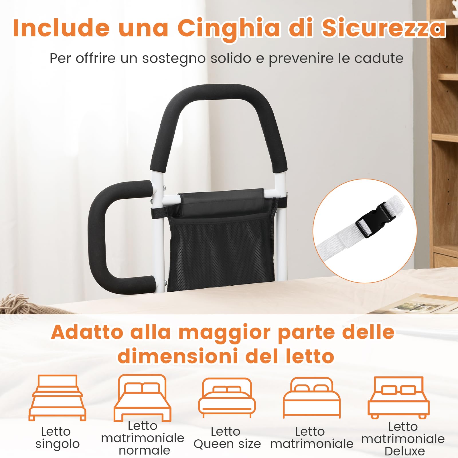 COSTWAY Sponda Letto Anziani Sicurezza Anticaduta, Doppia Impugnatura, Tasca Staccabile, Cinghia Fissaggio, Portata 136 kg, Facile Installazione, per Letti King/Queen (Modello 2)