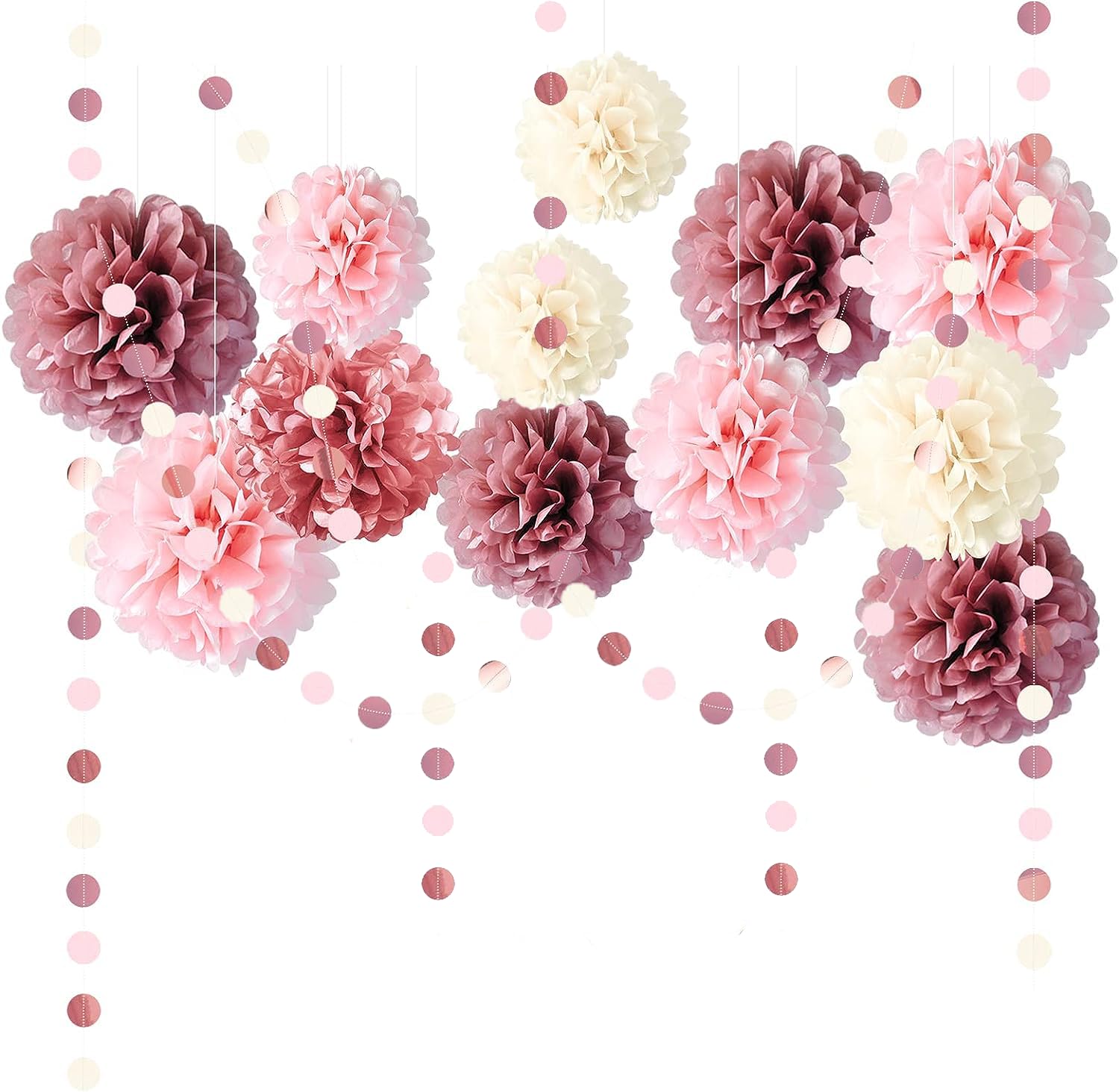 Trrrioosy Pompones Decorativos Para Fiestas, 15 Piezas,color rosa y blanco,Pompones de Seda de Papel Y Lunares Decorar,Adecuado Para Bodas, Comunión, Bautismo Y Fiesta de Cumpleaños