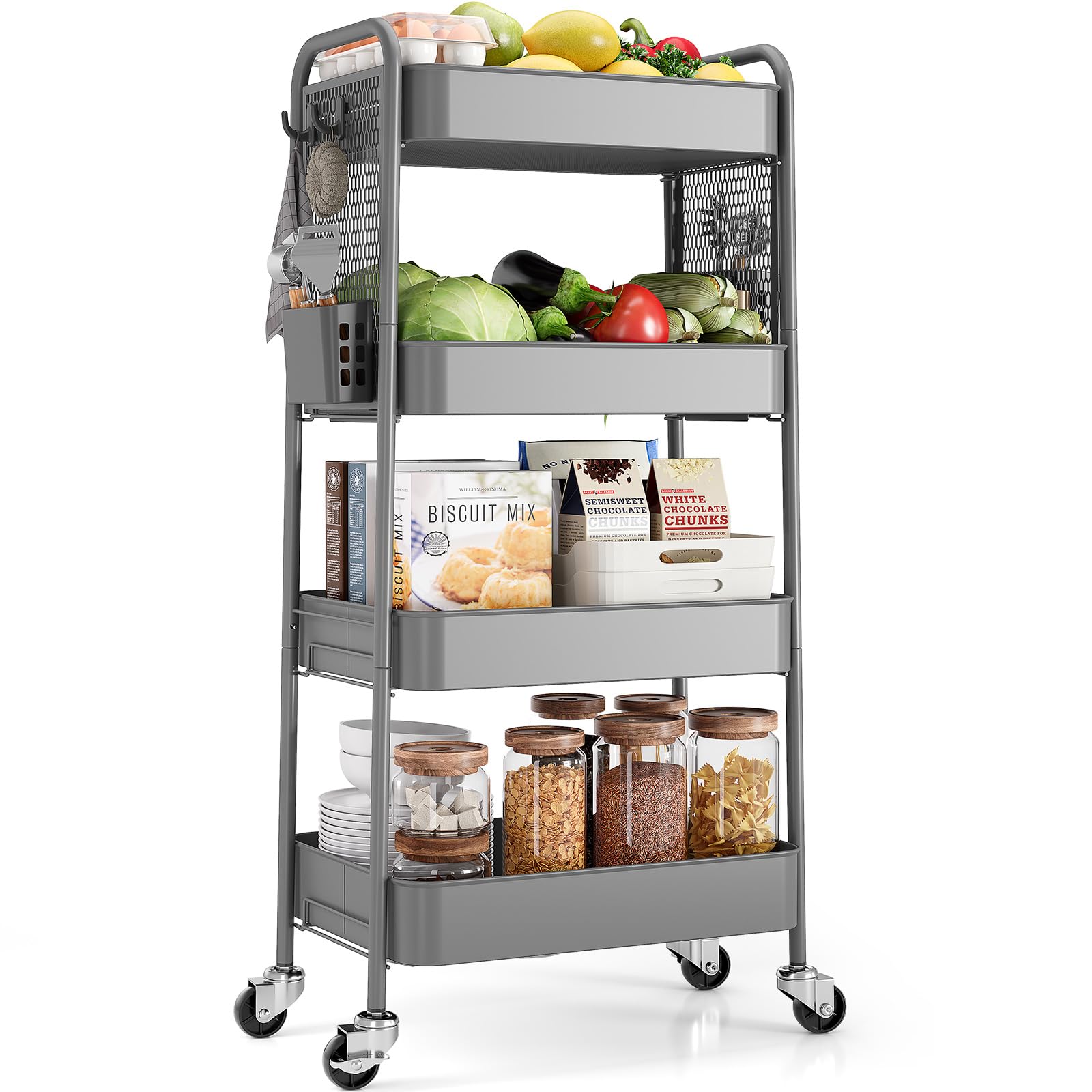 Urackify Storage Trolley on Wheels for Variety Applications, 4 Tier Trolley with Extra DIY Pegboards,Handing Bins, and Hooks for Living Room, Kitchen, Bathroom, Office, Classroom,Grey