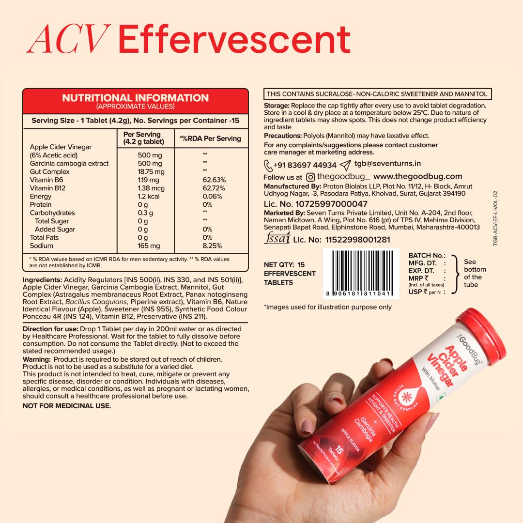 The Good Bug Apple Cider Vinegar Effervescent with Mother - 15 Tablets | Vit B6 & B12 | Boosts Metabolism, Controls Cravings | 500mg ACV, 500mg Garcinia | No Added Sugar, No Maltodextrin 4