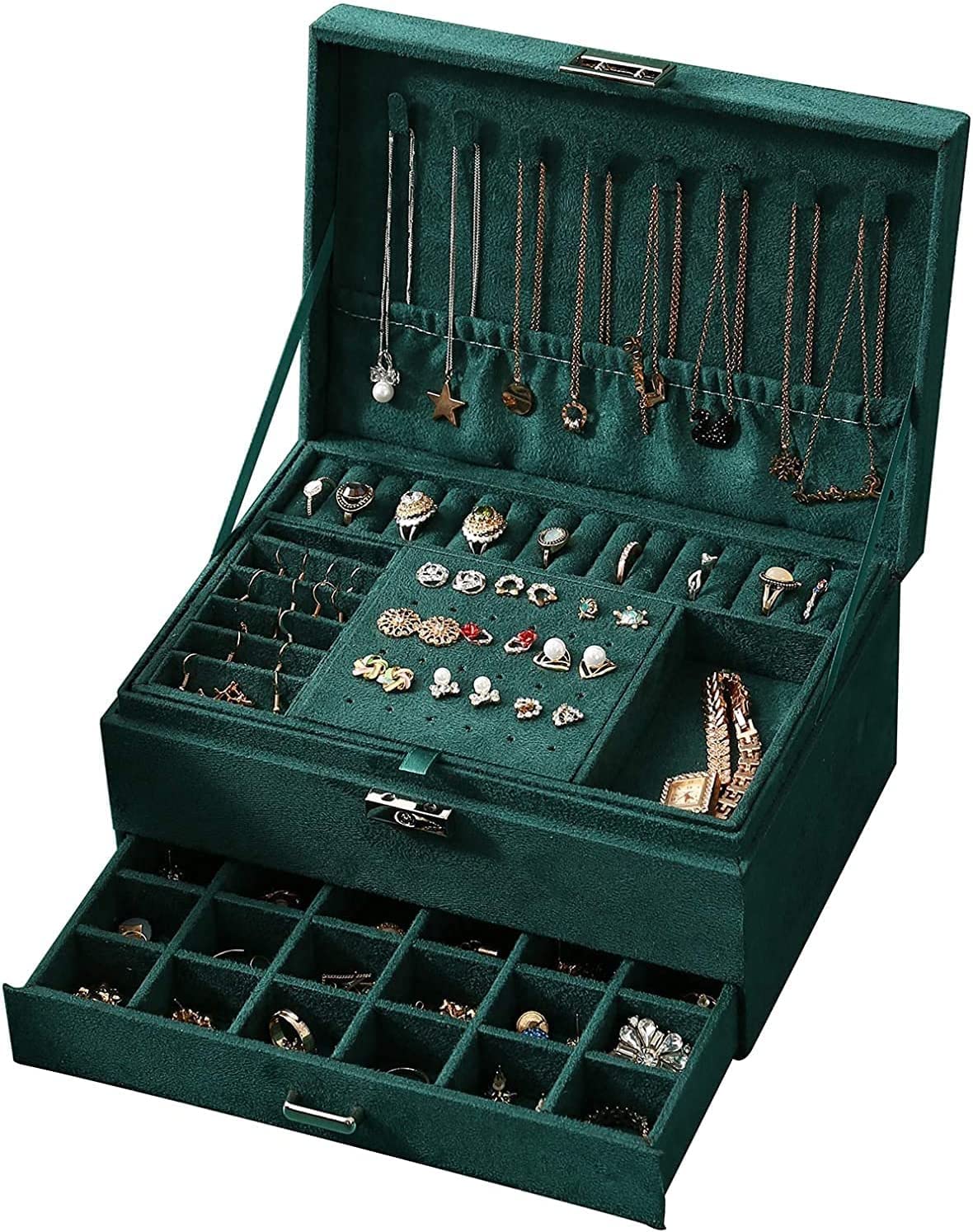 NYTRYD Women Jewelry Organizer Box, 3Layer Velvet Jewelry Boxes