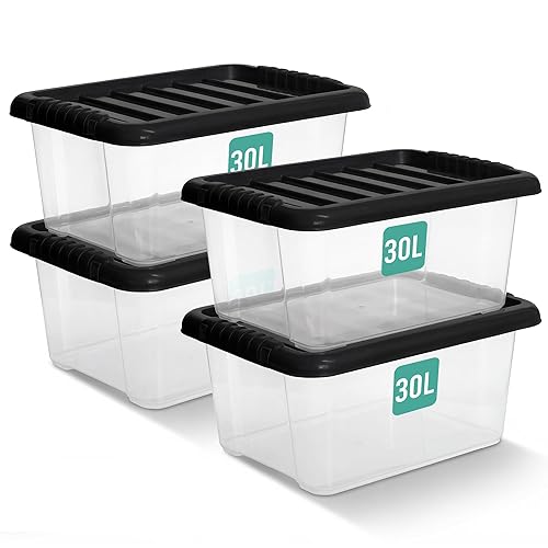 KLASS 4 x 30 Litre Underbed Storage Boxes with Lids Set of 4, Clear Multipurpose Nestable Stackable Plastic Storage Box With Lid 30L Clear Containers For Home, Kitchen, Garage, Office, Accessories - 4 x 30L U/B