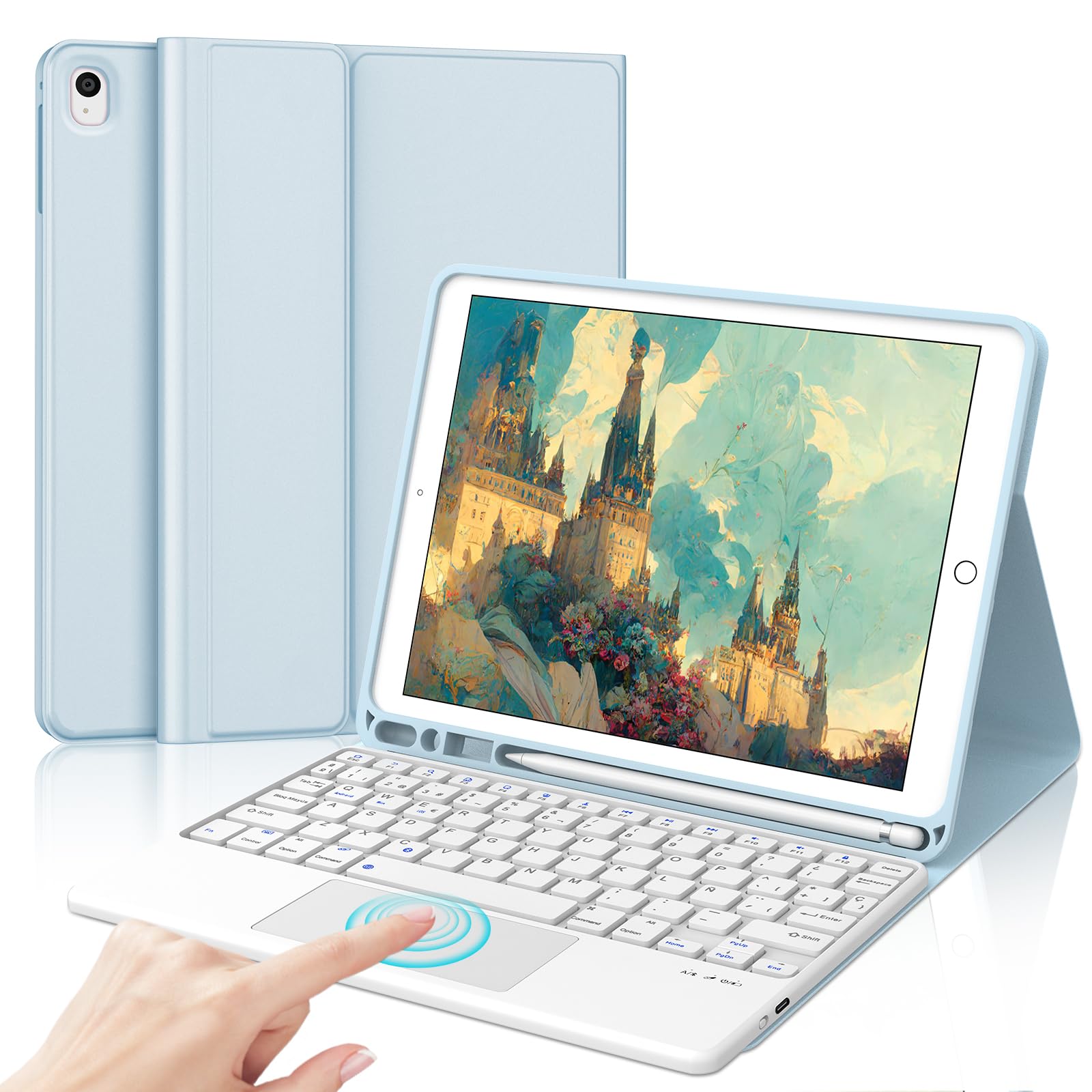 Funda Teclado for iPad 9/8/7 generacion 10.2"/Air 3/Pro 10.5 Pulgadas | Capa Keyboard Touchpad QWERTY Español Ñ, Bluetooth Magnético Desmontable Recargable Teclado con Portalápices, Azul claro