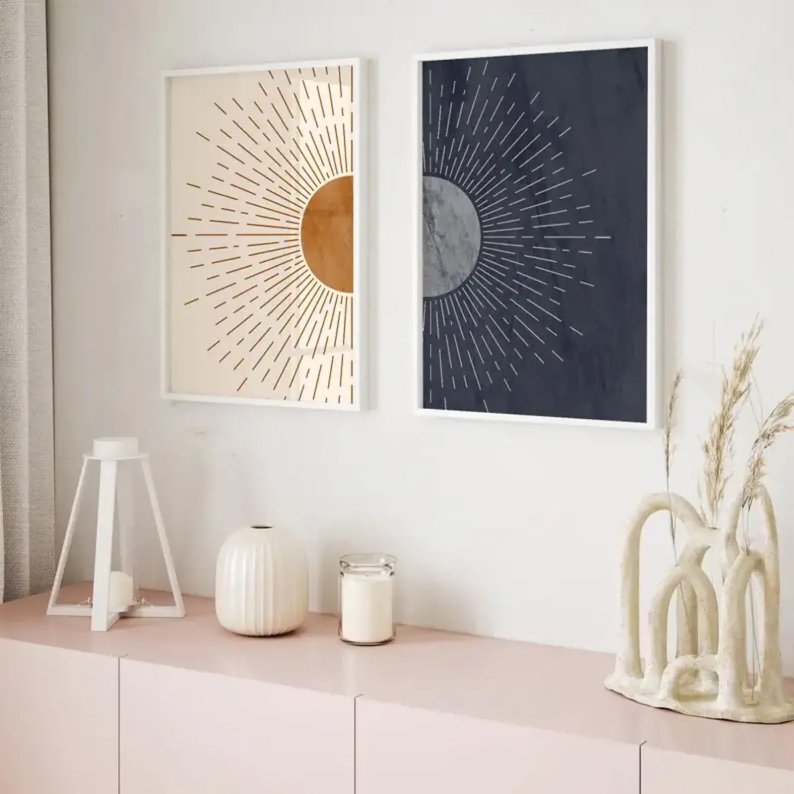 Décoration murale salon moderne avec grand tableau bohème soleil lune minimaliste - 8