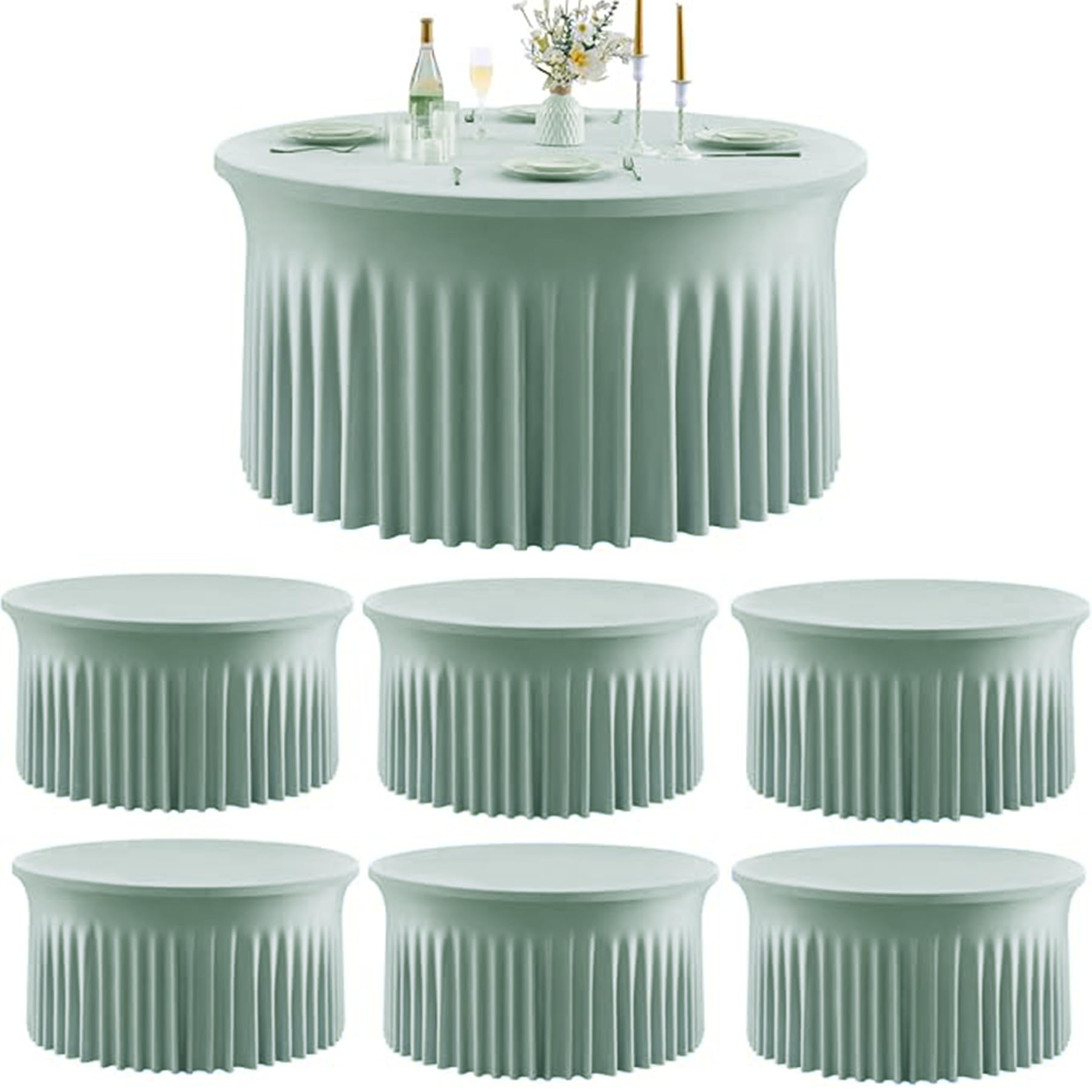 Photo 1 of Outpain 6 Pack Sage Green Spandex Tablecloth for 60in/5FT Round Tables,Stretchy 120inch Fitted Round Table Cloths, Wrinkle Free Tablecloth with Skirt for Wedding, Graduation & Banquet