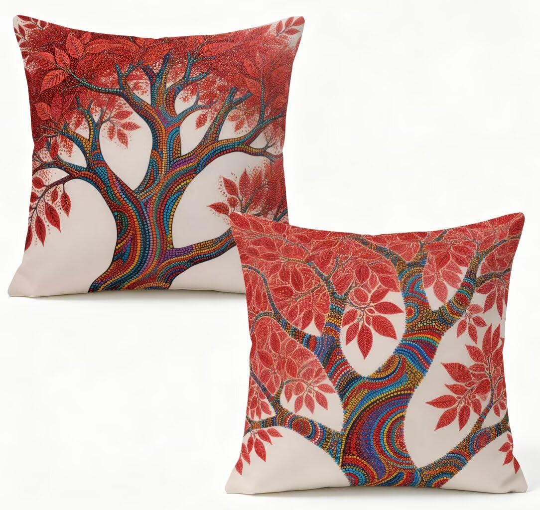 Fundas de cojín 50x50 rojas con diseño de árbol en lino para sofá juego de 2