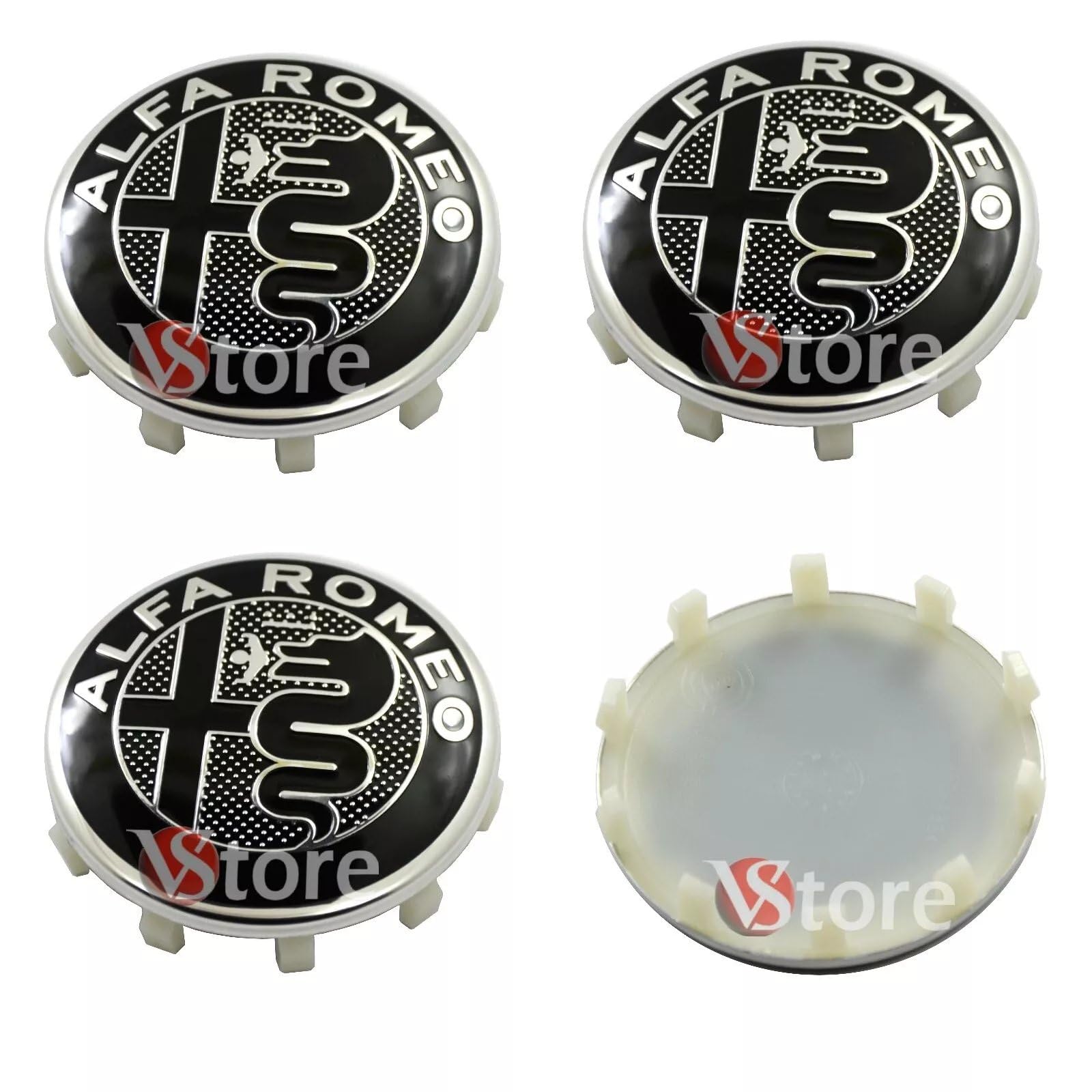4 Tappi Coprimozzo 60mm Compatibili con ALFA ROMEO Giulietta Giulia 147 159 146 156 Brera Stemma New Black Nero