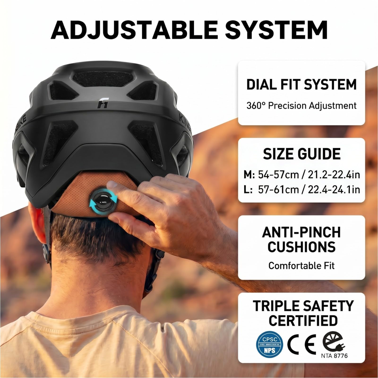 KINGBIKE Casco da mountain bike professionale con visiera regolabile a 3 livelli e supporto per action camera, casco da bicicletta MTB per adulti uomo donna NTA-8776 certificato di sicurezza e-bike
