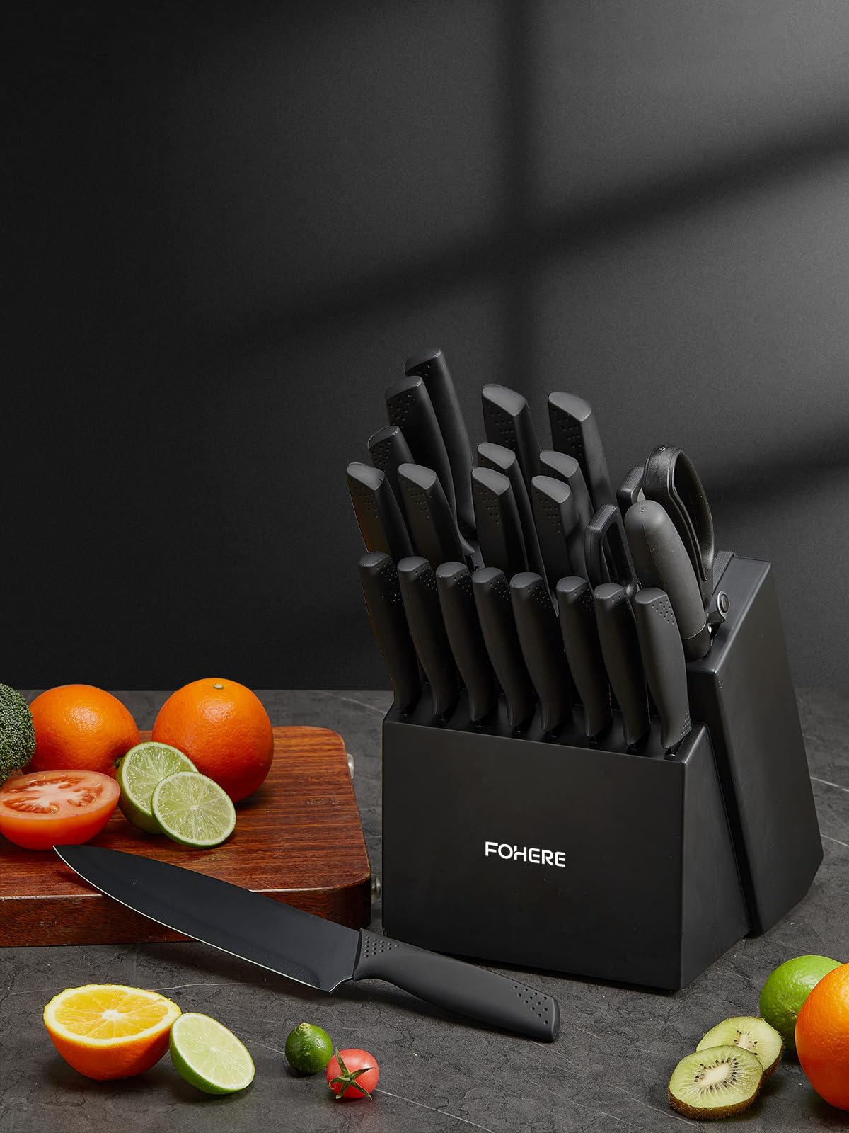 Couteaux de Cuisine avec Bloc FOHERE 23 Pièces Ensemble De Couteaux avec Affûteur Intégré, Bloc de Couteaux avec Couteau à désosser, Couteau à fromage, Noir