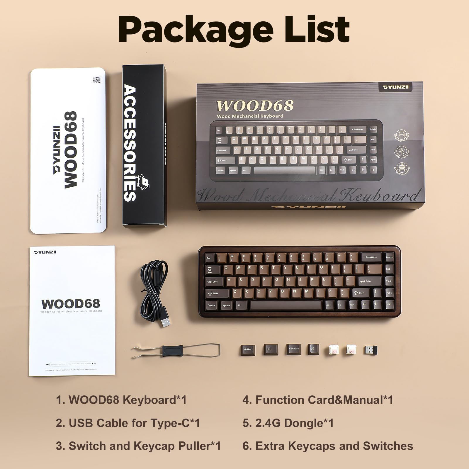 YUNZII WOOD68 Bezprzewodowa Klawiatura Mechaniczna, 68% Layout Drewniana Klawiatura Gamingowa, BT/2.4G/USB-C, Podświetlenie RGB (Brown, Candy Linear Switch)