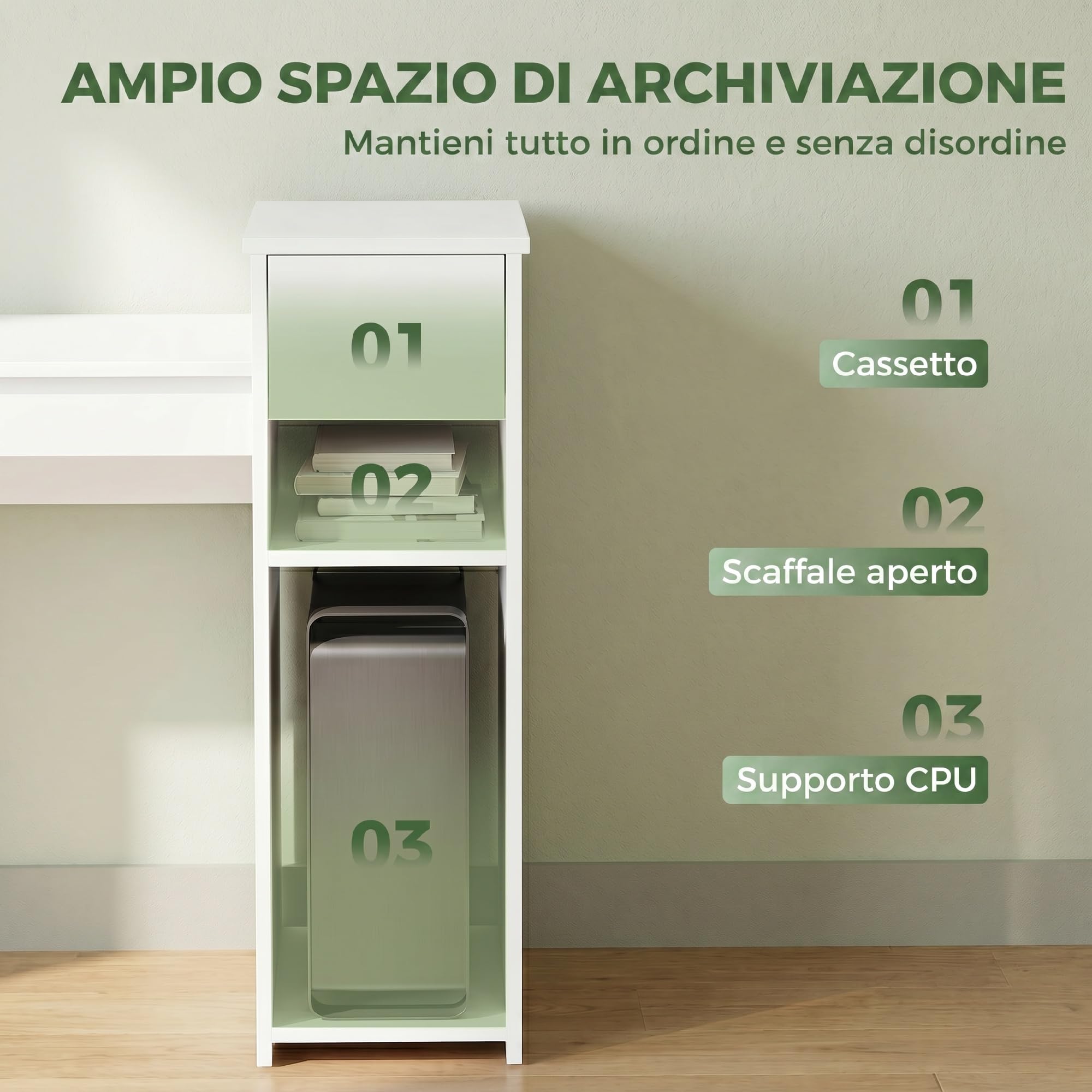 HOMCOM Scrivania Salvaspazio Moderna con Cassetto e Spazio per PC Tower, Scrivania con Scaffale in Legno, Tavolo Porta PC per Computer, per Ufficio, Studio e Camera da Letto, 108x50x82cm, Bianco