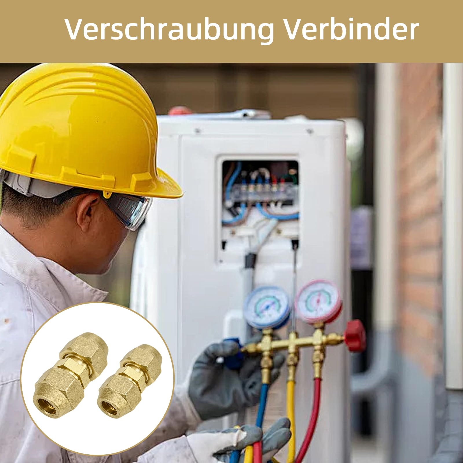 2 Stück Rohrverbinder Set, Kältemittelleitung 1/4 3/8 Doppelnippel Kupferrohrverbinder Rohrverbindungen Klemmringverschraubung Überwurfmutter Rohr Verschraubung Split Klimaanlage Zubehör