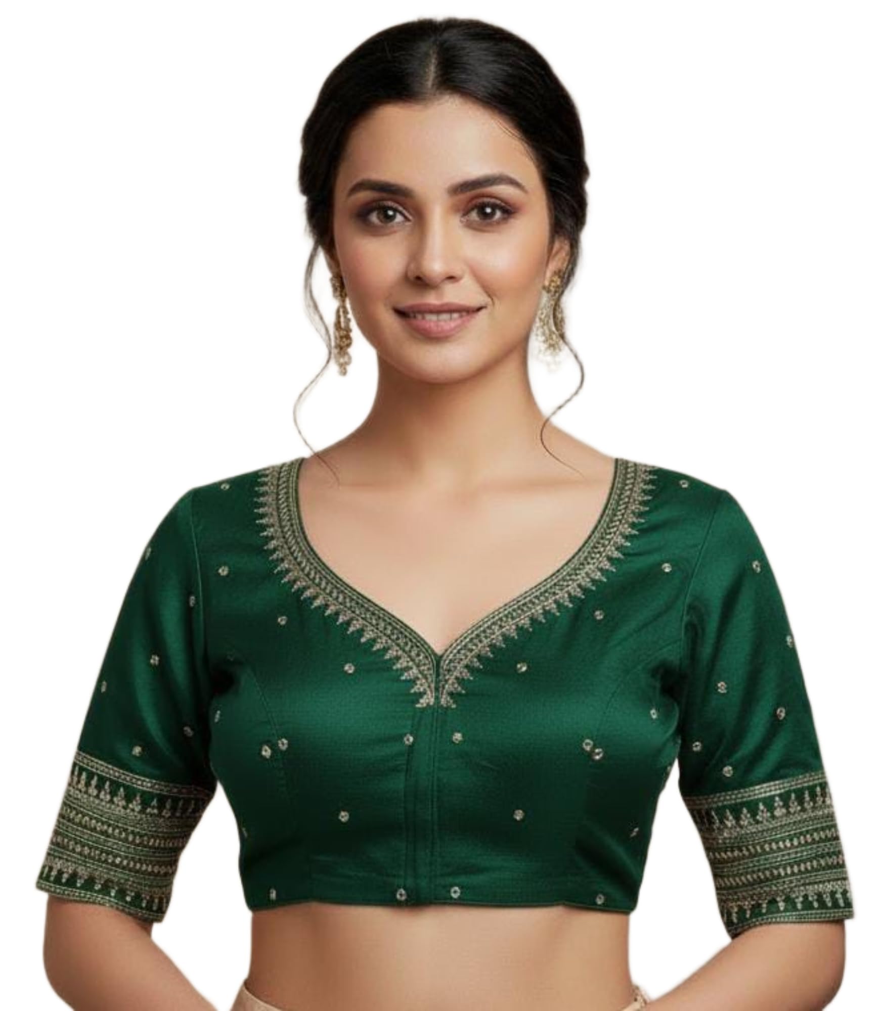 shrisay creation Women's Heavy Embroidery Vichitra Silk Blouse with Sequin Lotus Work | Padded V Neck Front Hook Open Saree Blouse | 9 Inch Sleeve Designer Blouse-PZ-4529-picture-27