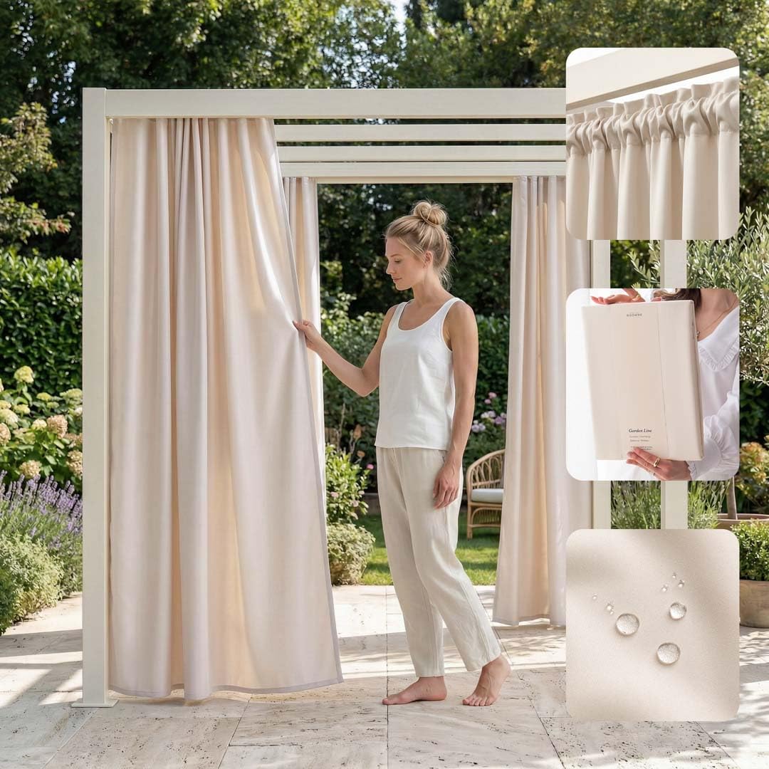 ROOM99 Outdoor Curtain with Ruffle Tape, Garden Line, 155 x 200 cm, Width x Height Outdoor Curtain, Weatherproof, Waterproof Privacy Screen, Sun Protection Curtains, Garden, Windproof, Light Cream
