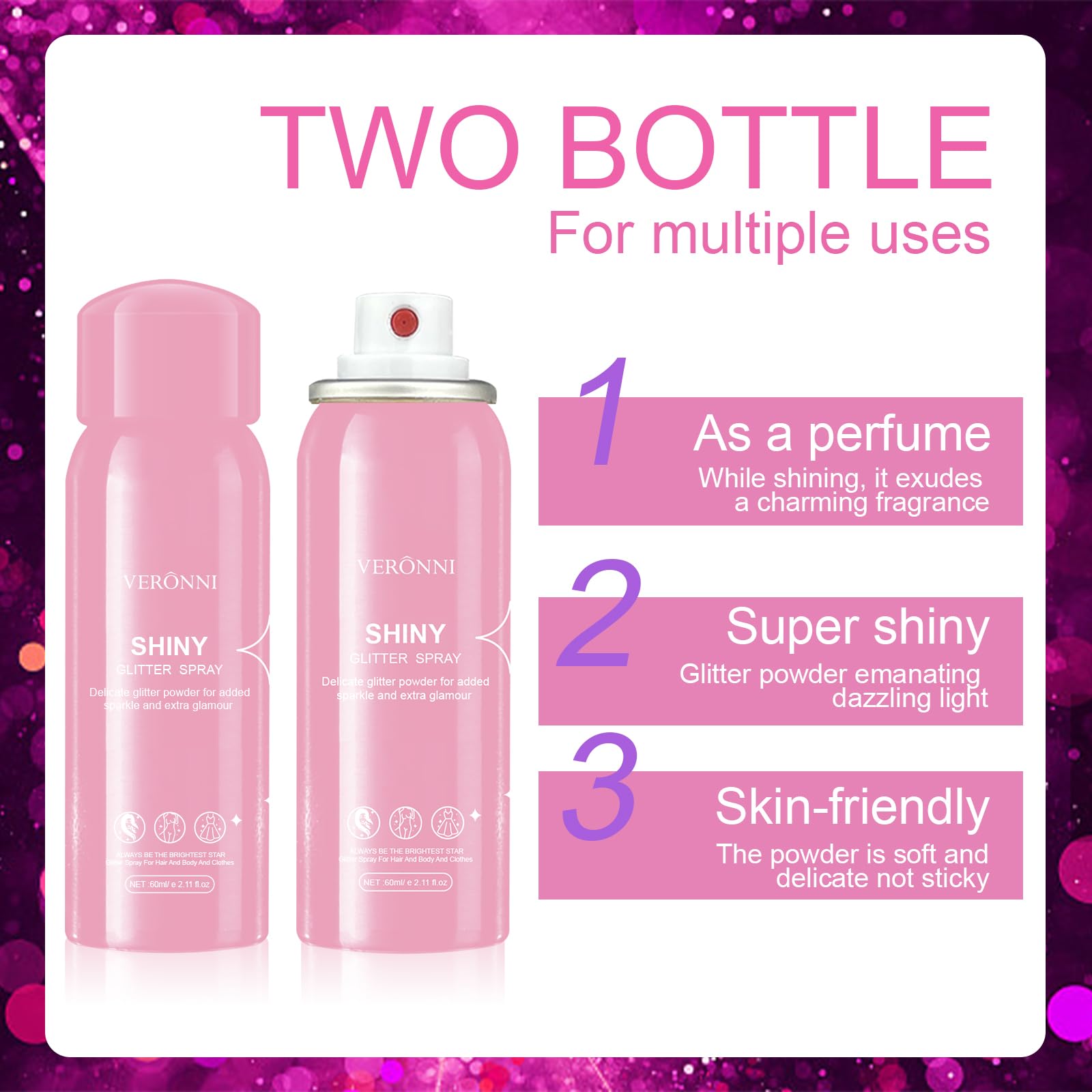 Body Glitter Spray 2 Pack, Glitter Spray for Hair and Body,Face Glitter Makeup Body Shimmer Spray,Lightweight High Pigmented Quick Dry Long-lasting Hair Glitter (2PCS)