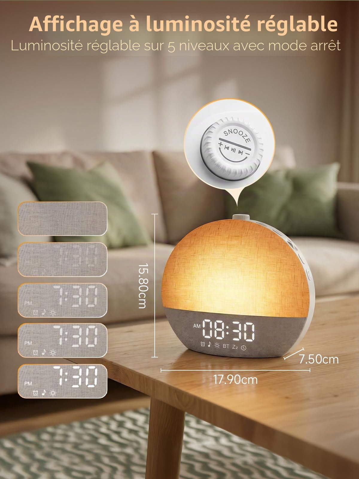Reveil Lumineux, Simulateur D'Aube Fluorescente Avec Double Alarme Et Fonction Snooze 20 Niveaux De Luminosité Et 7 Couleurs 7 Bruits Blancs RéVeil Lumineux
