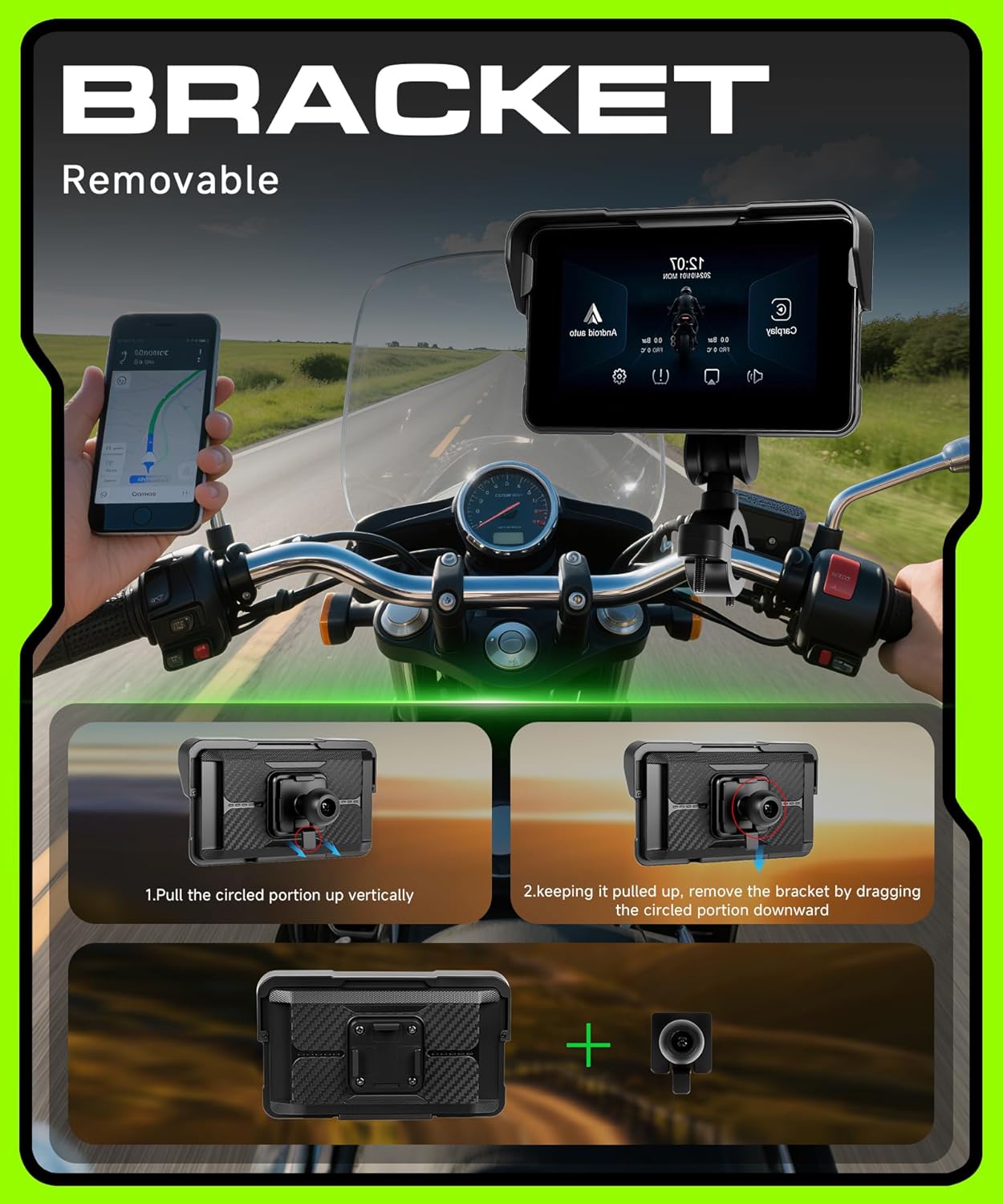 Motorcycle CarPlay Screen 5 Inch Wireless Carplay Android Auto for Motorbike with Removable Bracket, Waterproof Touchscreen, Supports GPS Navi, IP68 Waterproof for Motorbike, Voice Control