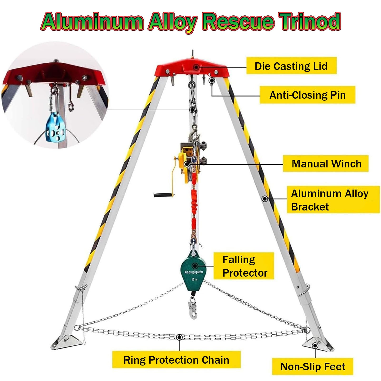 RayGenius De TríPode De Rescate con Cabrestante Y ArnéS De Seguridad para Espacios Confinados: Kit Plegable De Alta Resistencia para Pozos, Alcantarillas Y TúNeles,1200LBSWinch