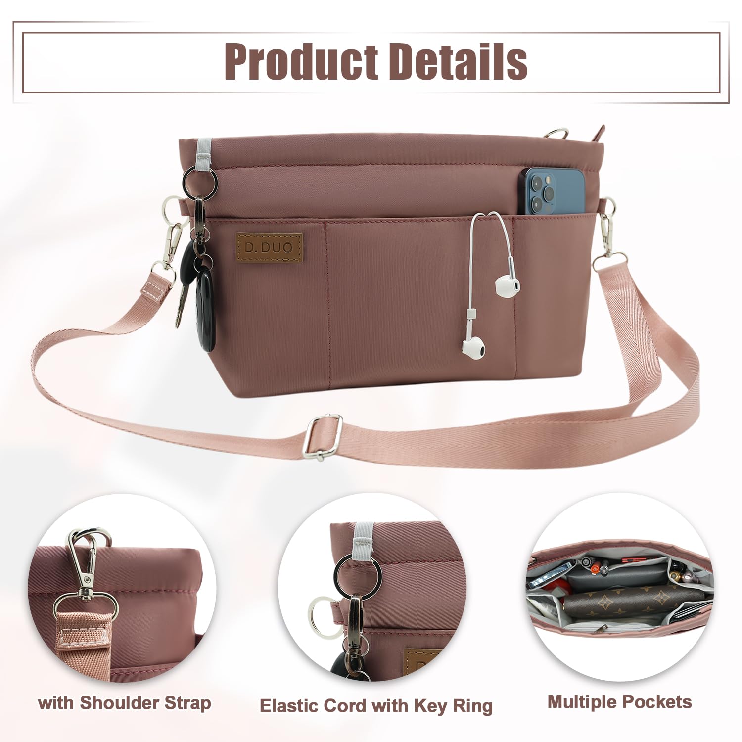 D.DUO Inserto organizer per borsa, borsa a tracolla, inserto organizer per tote con tracolla regolabile, inserti per borsa in nylon impermeabile (Rosa, M)
