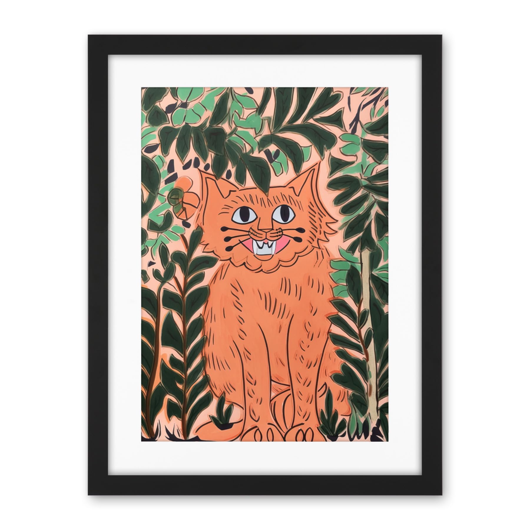 Artery8 Ginger Orange Tabby Cat in Plants Modern Folk Art Artwork Framed Wall Art Print 18X24 Inch