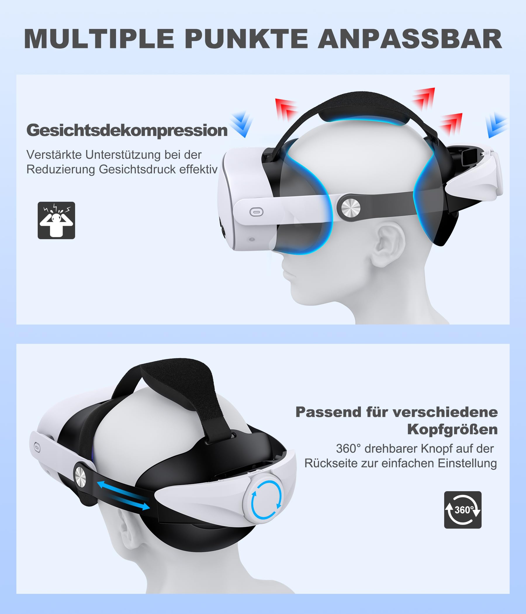 Headstrap für Meta Quest 3/3S/2, Leichtgewicht Einstecken Einstellung der Kopfgröße VR Headstrap kompatibel mit Quest 3/3S/ Quest 2, Stress im Gesicht reduzieren Unterstützung und Komfort