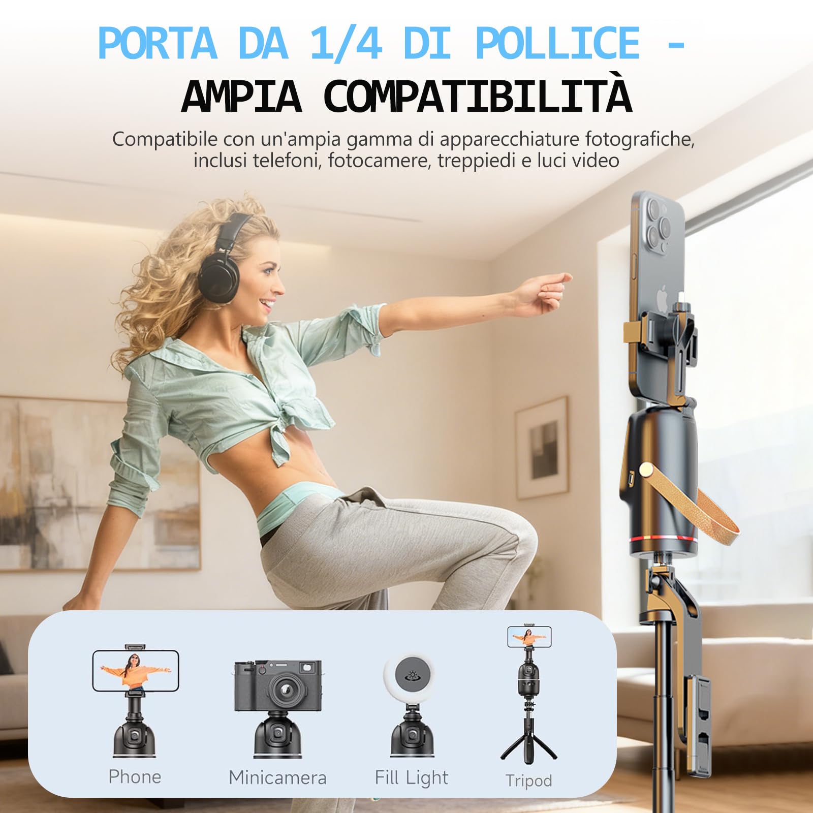 Gimbal per smartphone AI, Bwaliffury Stabilizzatore per iPhone, Android pieghevole, Auto Face Tracking Treppiede per cellulare con tracciamento di rotazione a 360°,Ricaricabile per Registrazione video