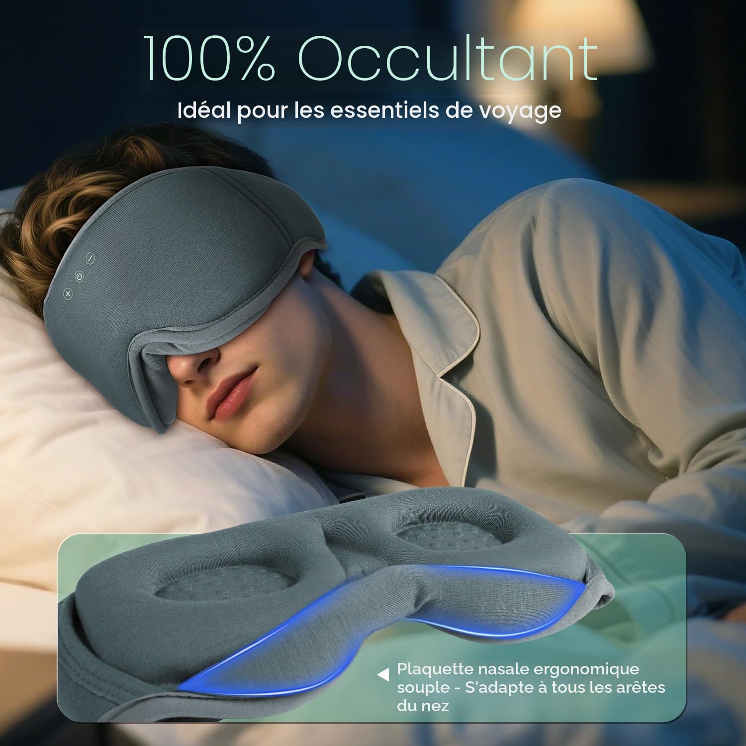 LC-dolida Casque de sommeil Bluetooth 3D naturel en bambou et coton | Masque pour les yeux zéro pression et 100 % occultant pour les personnes dormant sur le côté, voyage et sieste au bureau | Sommeil