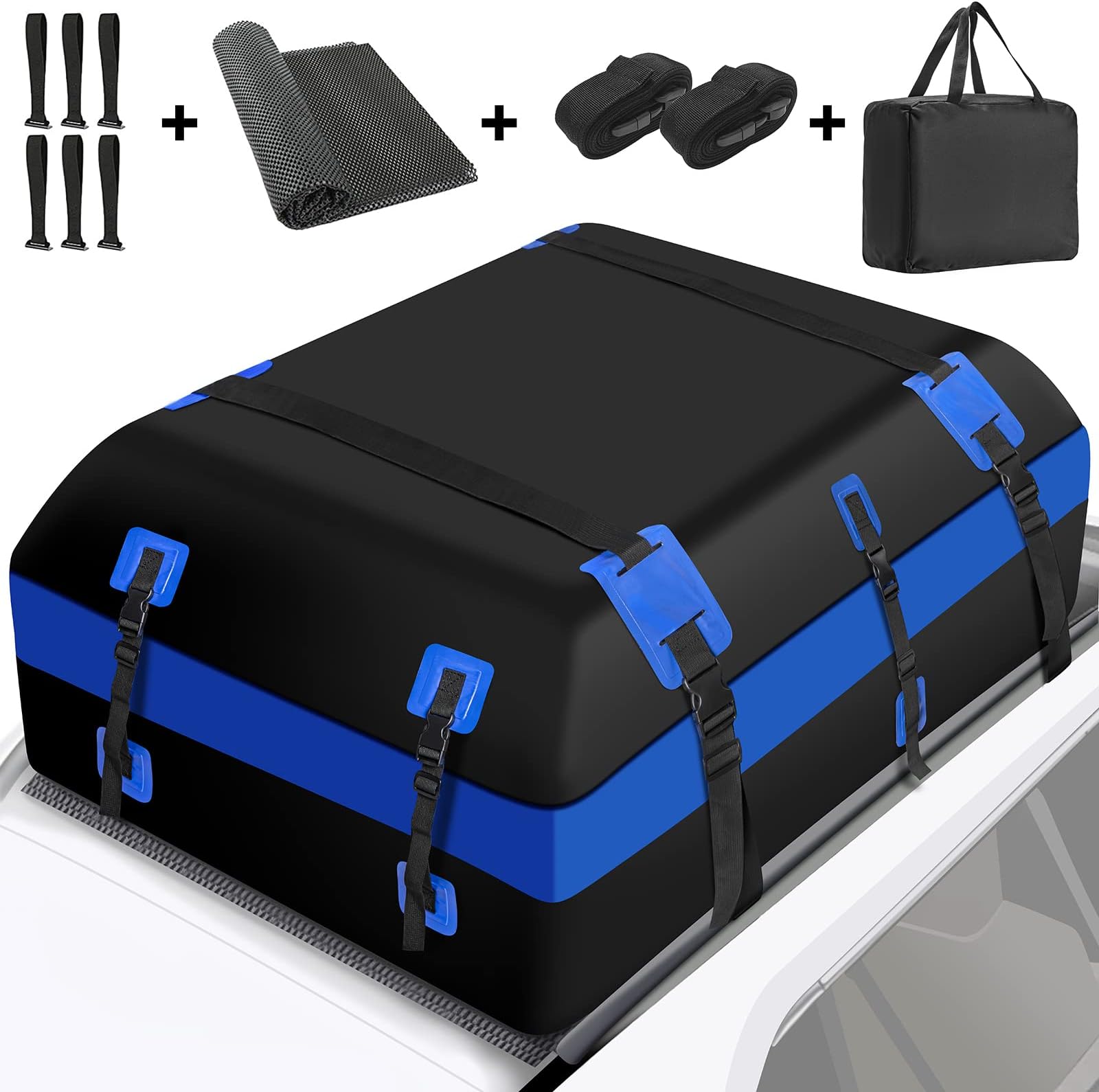 Rooftop Cargo Carrier Bag 21 Cubic Feet Waterproof Car Roof Rack Cargo Carrier for Top of Vehicle Car Roof Bag with Storage Bag Anti-Slip Mat Luggage Straps Car Top Carrier for Vehicle with/No Rack