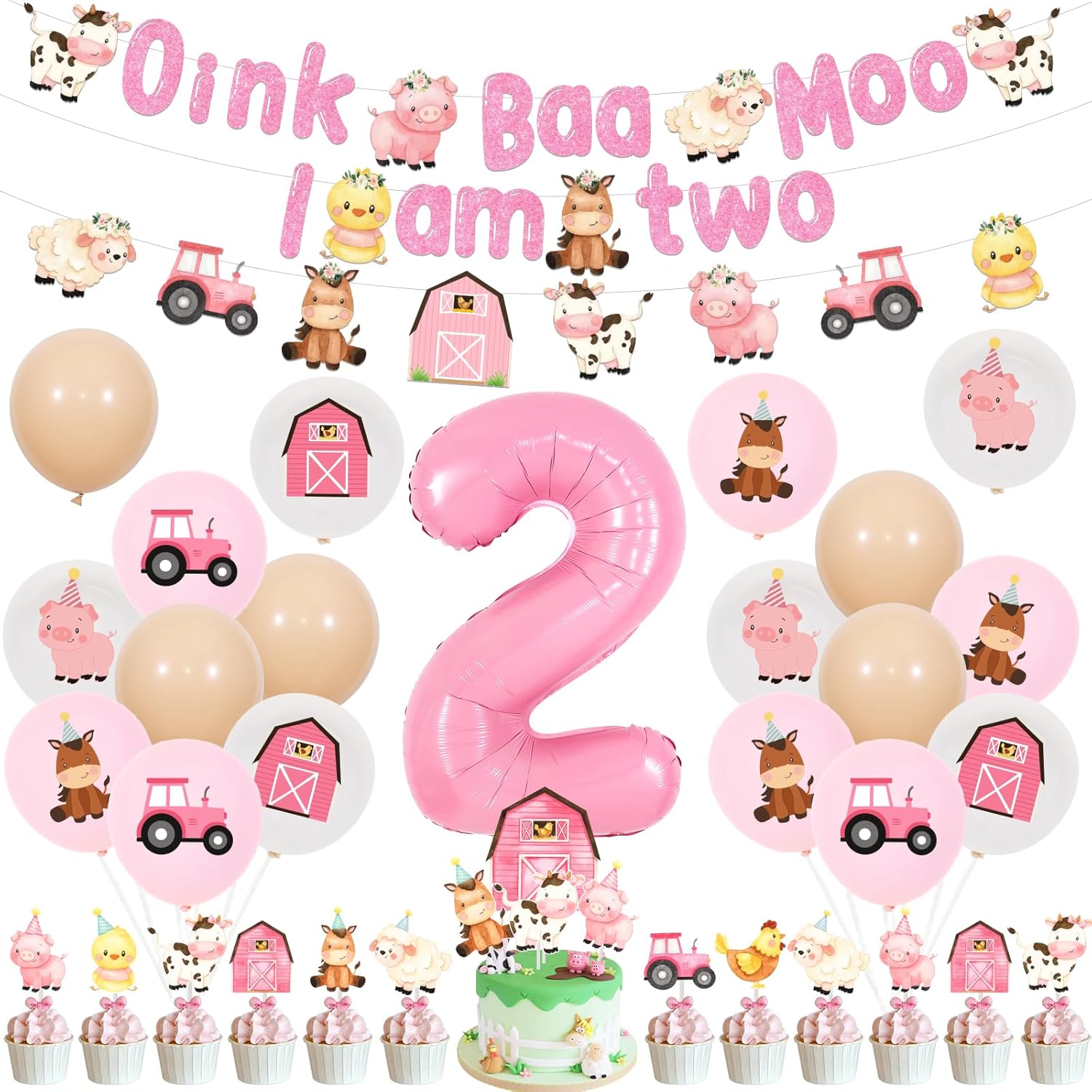 Pink Farm 2nd Birthday Decorations for Girls - Oink Baa Moo I’m Two Farm Animal Theme Birthday Party Supplies with Banner Garland Balloons Cake Toppers Cupcake Toppers
