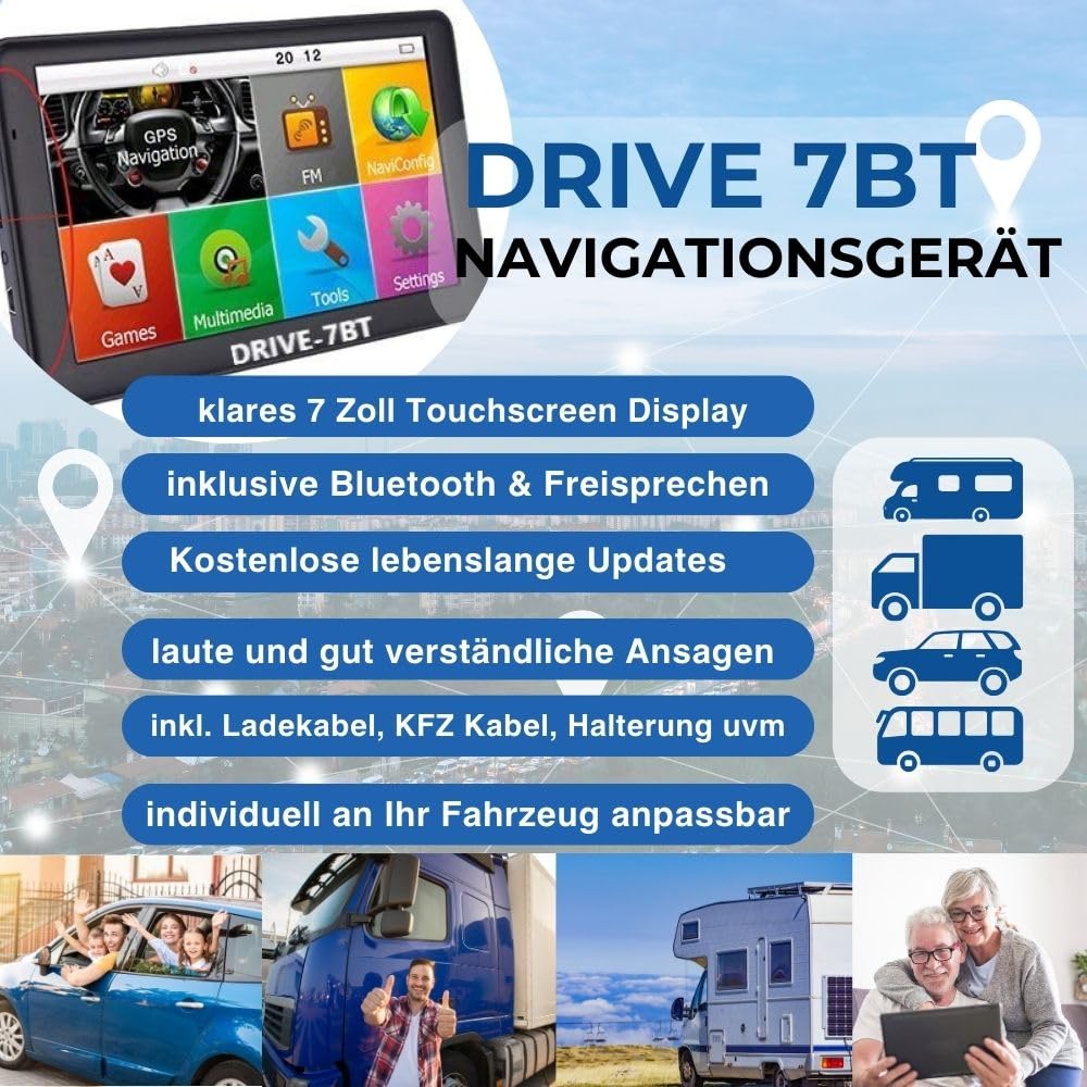 7 Zoll GPS Navigationsgerät Drive 7BT Navi Bluetooth für LKW, PKW Karten Update Freisprechen