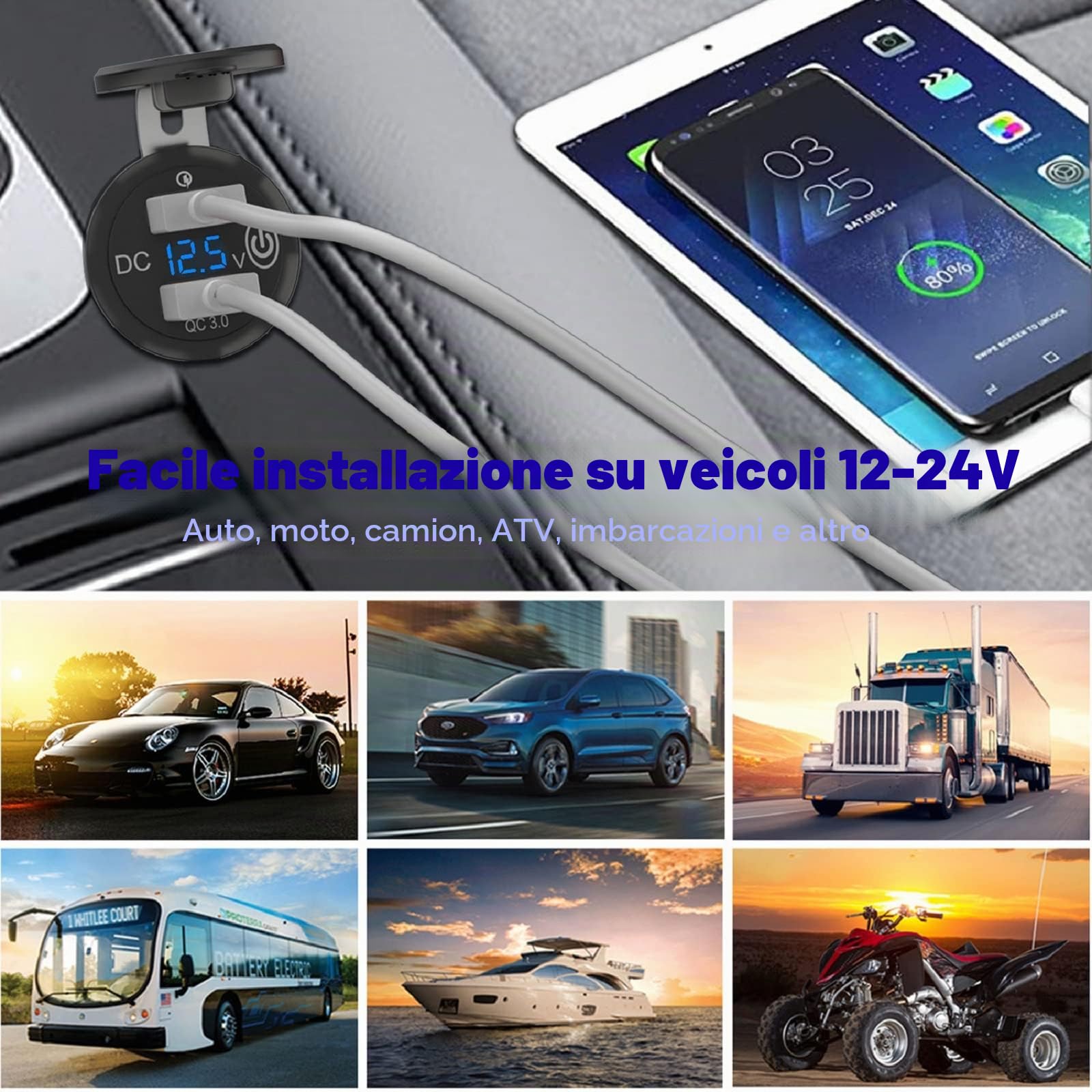 Quick Charge 3.0 Presa USB Carica per Auto con Interruttore: Qidoe Presa USB da 12 volt Impermeabile Adattatore Accendisigari con Display Voltmetro a LED Blu per Moto, Barca, Camion, Caravan