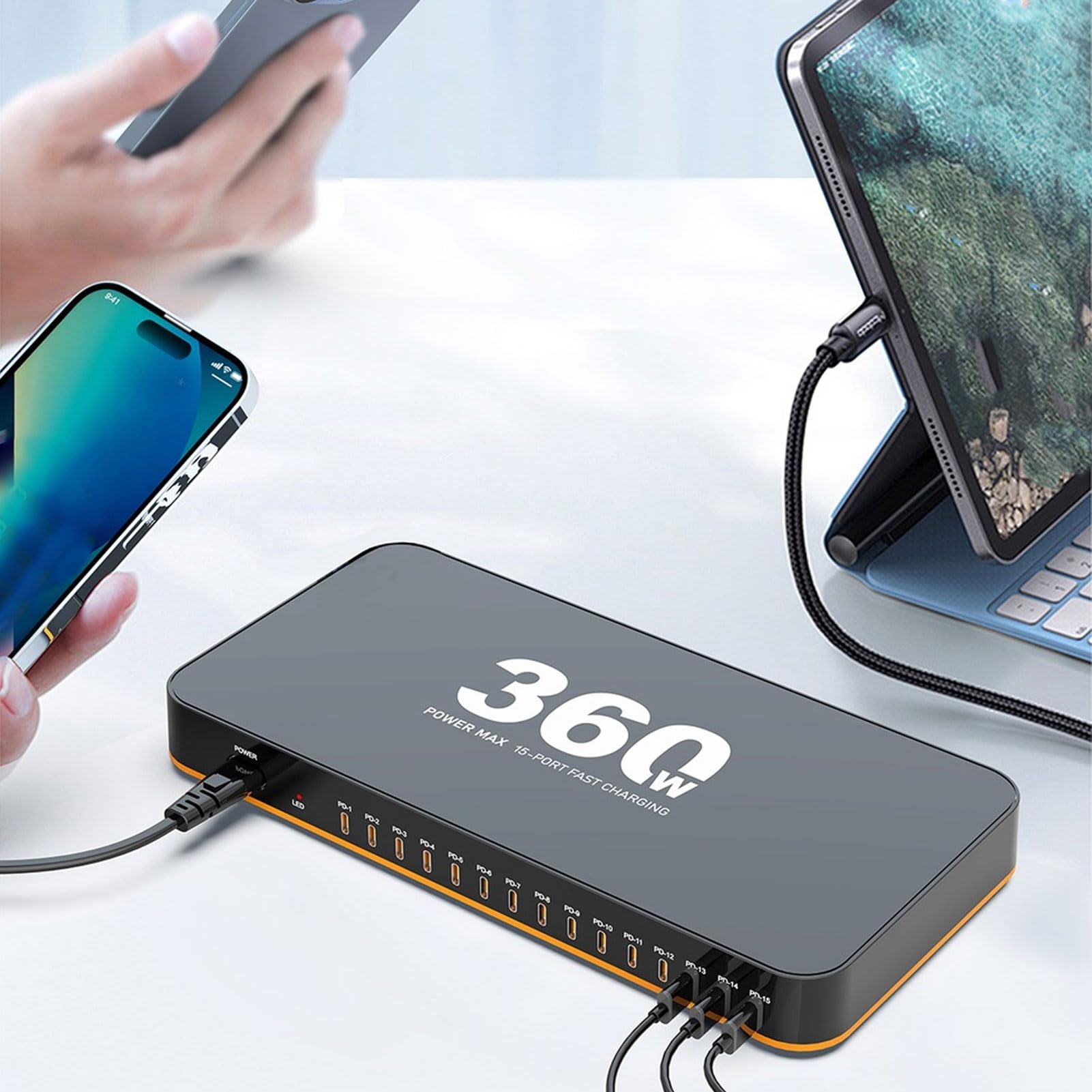 Tosuny Caricatore Veloce Desktop 15 Porte, Caricabatterie Desktop 360W, Stazione di Ricarica Rapida USB C con PD3.0 2.0 Controllo della Temperatura AI e 8 (Spina europea)